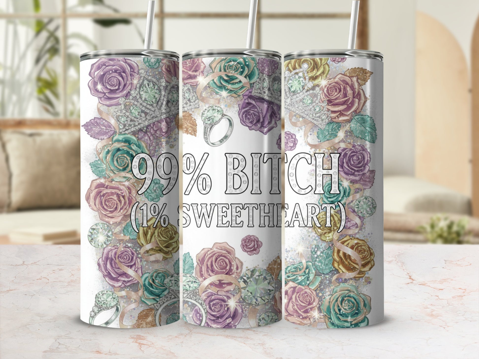 Humorous Floral and Diamond Design Stainless Steel Tumbler
