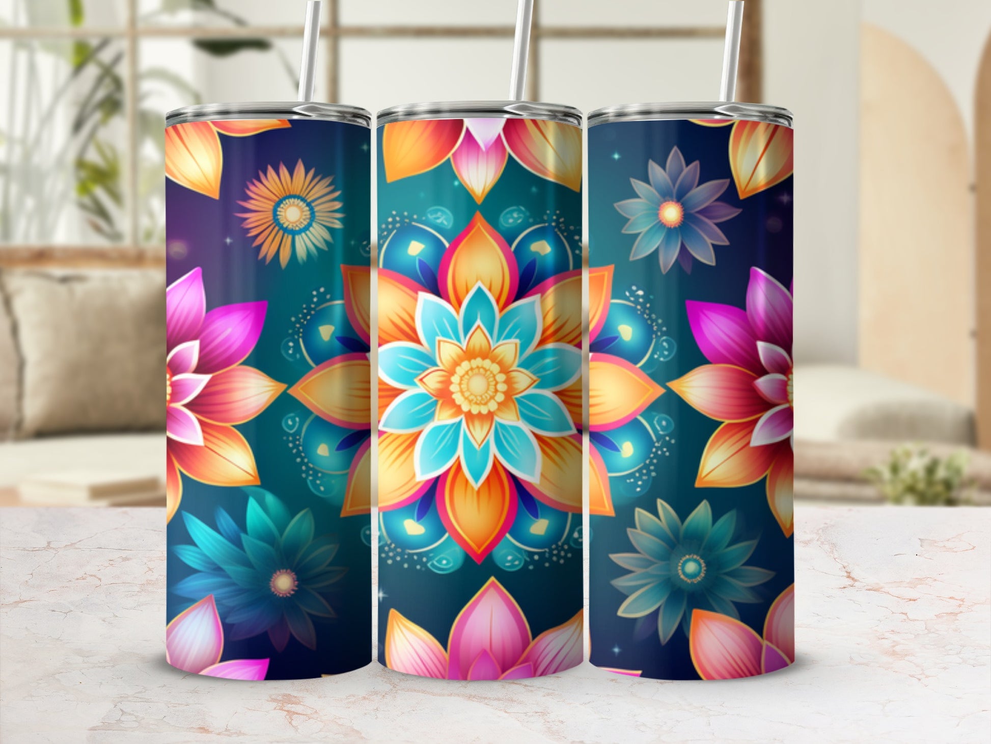 Three tumblers with colorful floral mandala designs.