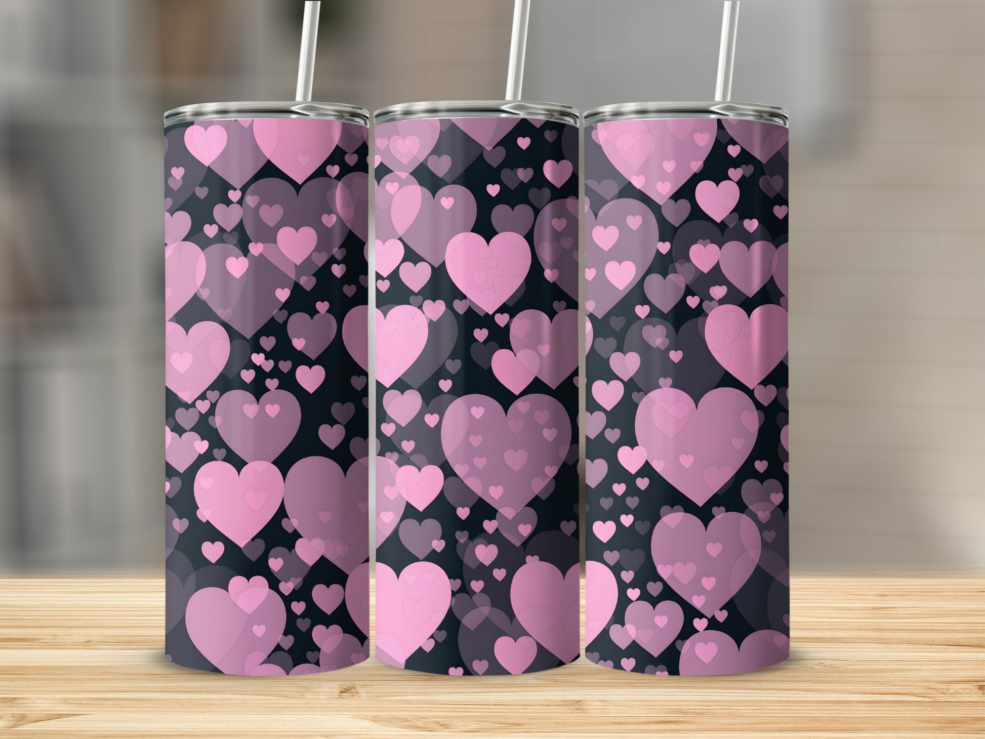 Pink Heart Patterned Tumbler with Lid and Straw