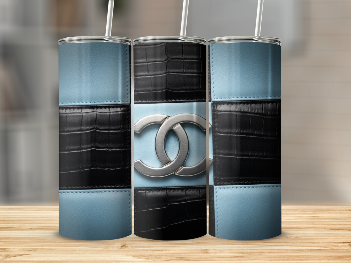 Light Blue and Black Pattern With CC Logo Tumblers