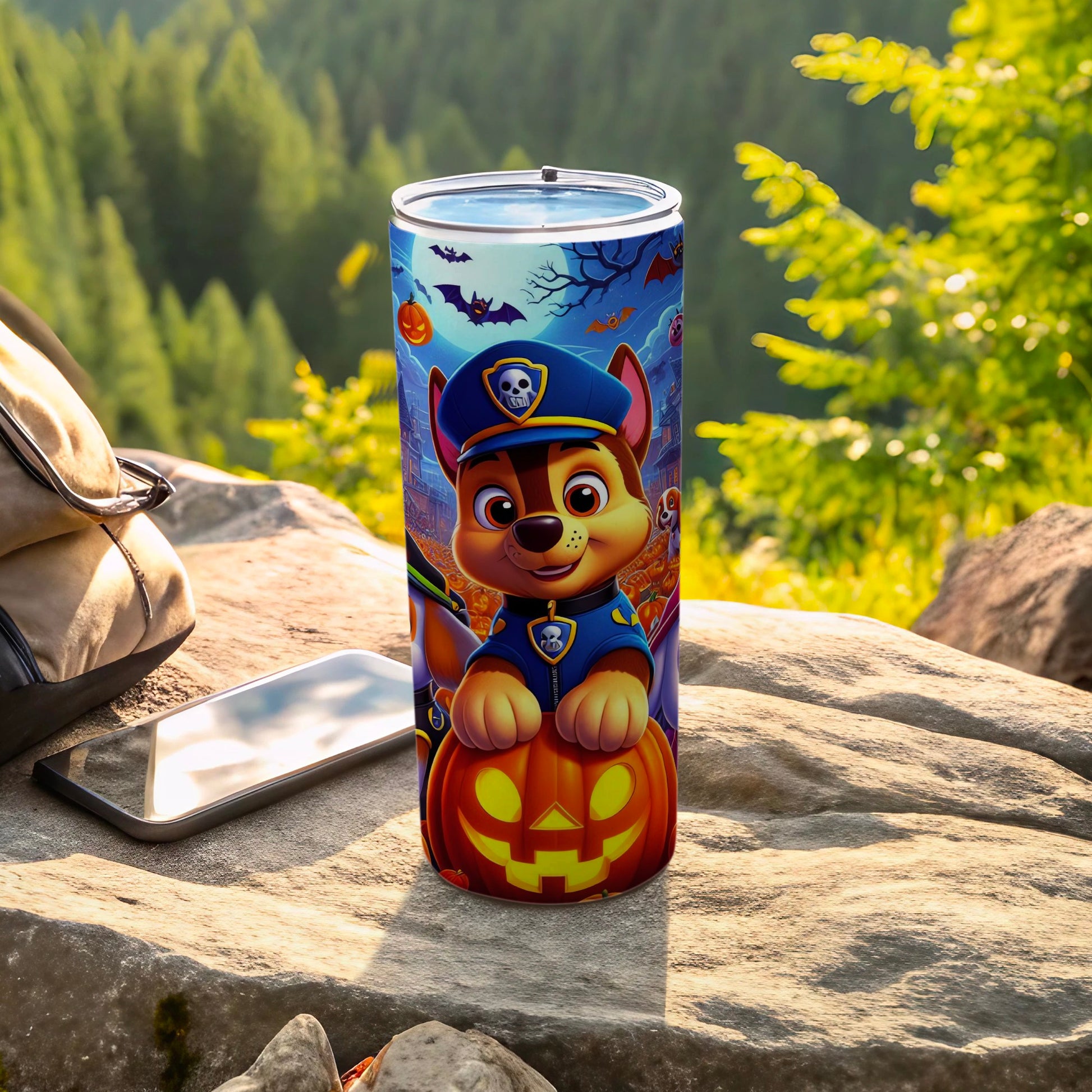 Halloween Patrol Dog Tumbler with Pumpkins and Bats
