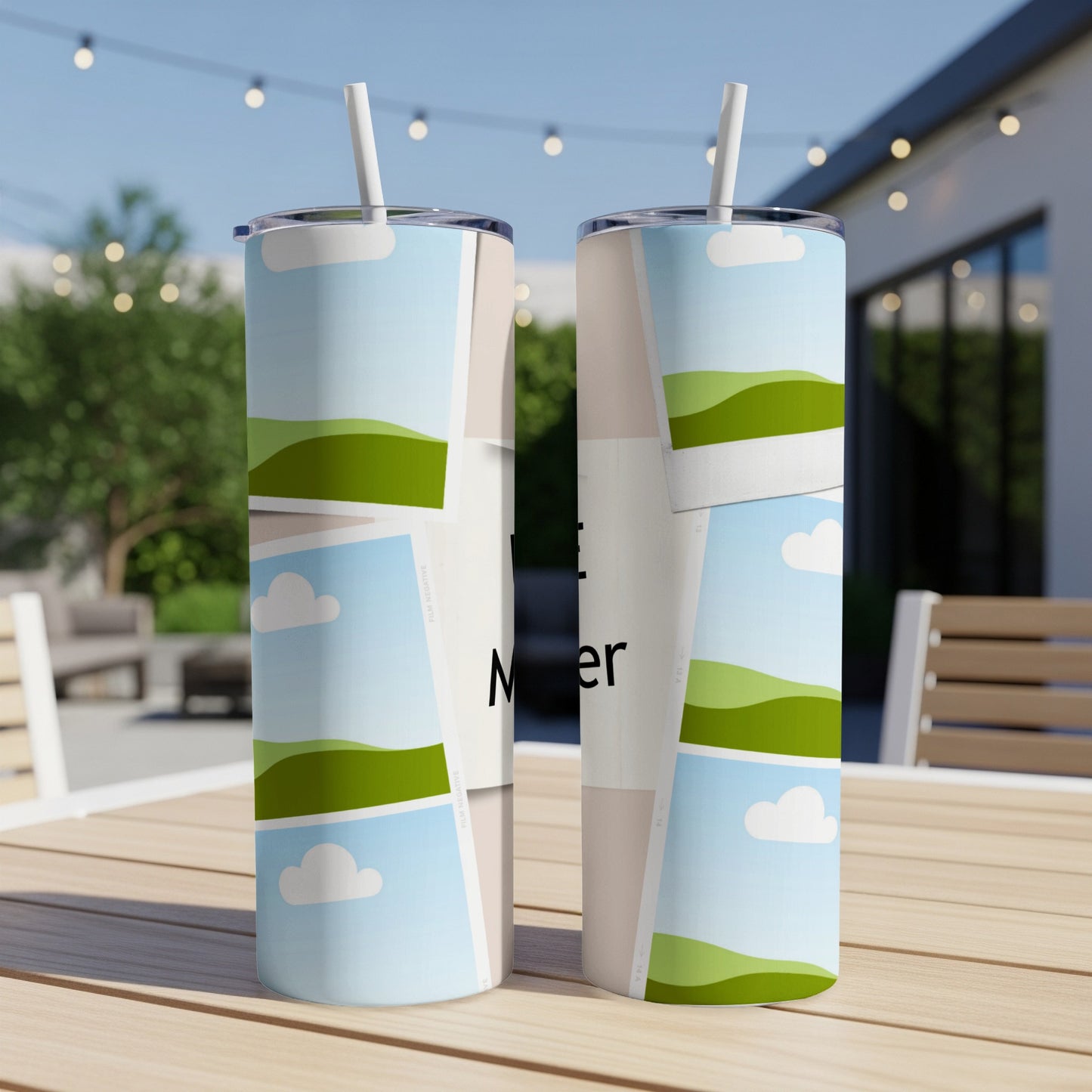 Two tumblers with a collage of landscape photos and "Mother" text.