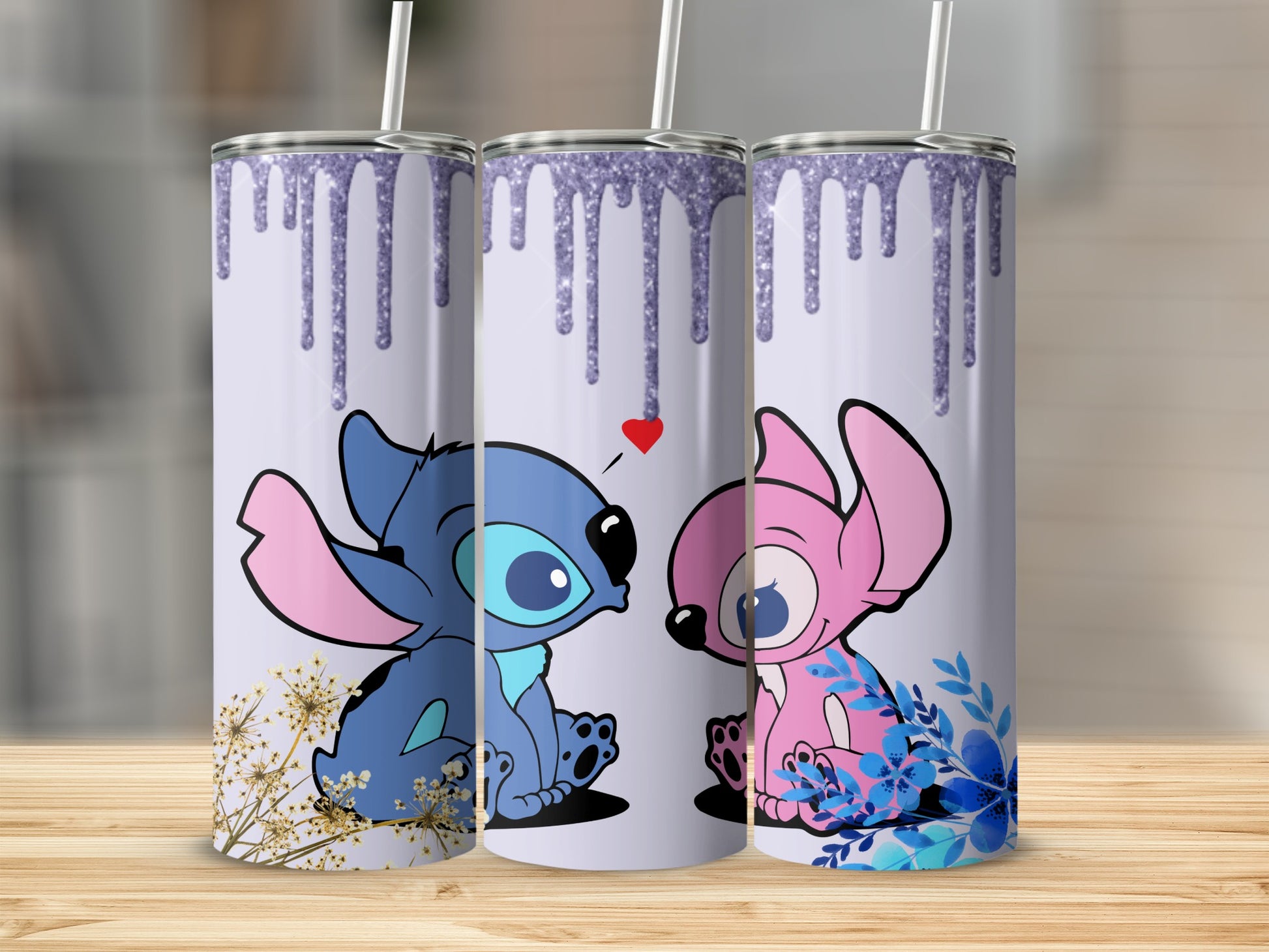 Cute Blue and Pink Characters Tumbler with Purple Drips