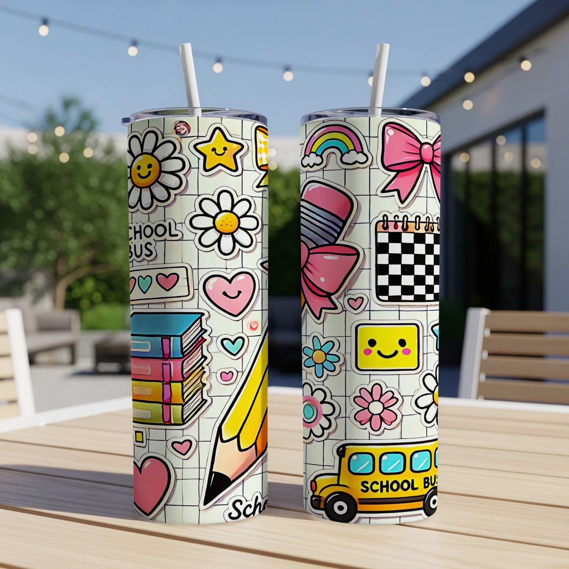 Two tumblers with school-themed stickers including a bus, books, and rainbow.