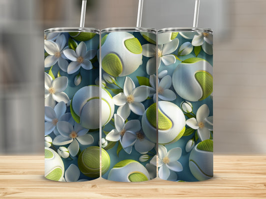Three tumblers with a floral and tennis ball design.