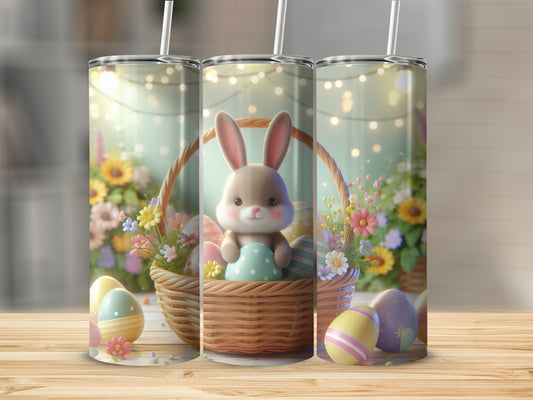 Easter bunny in a basket with eggs and flowers, surrounded by blurred lights.