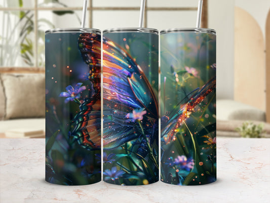 Three tumblers featuring a vibrant butterfly wing against a bokeh background.