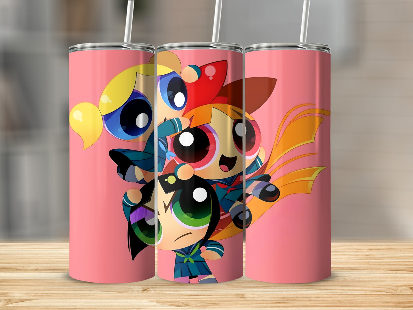 Colorful Cartoon Characters on Pink Background tumbler