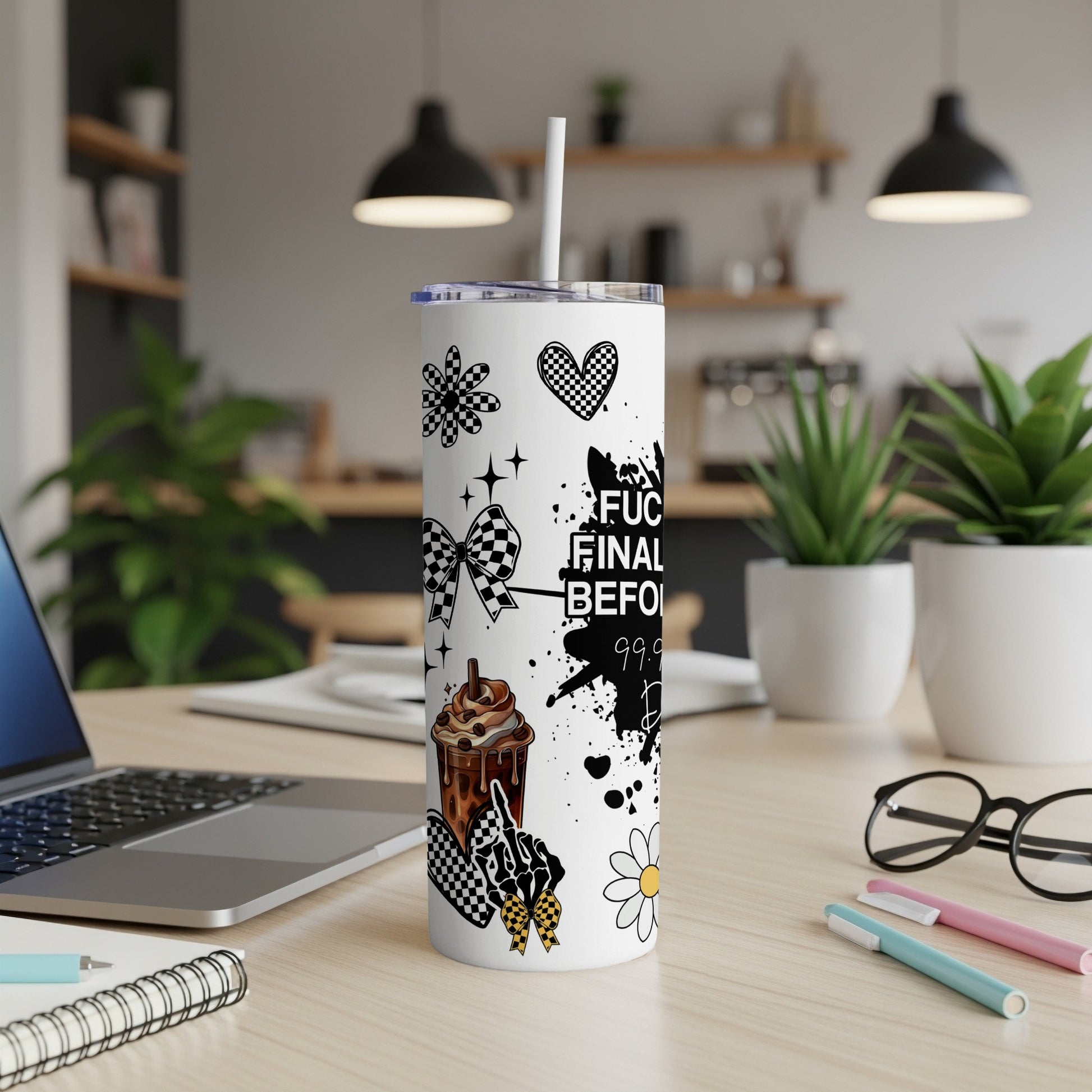 Tumbler with "F*ck final boss" text, checkered flags, and coffee cup graphic.