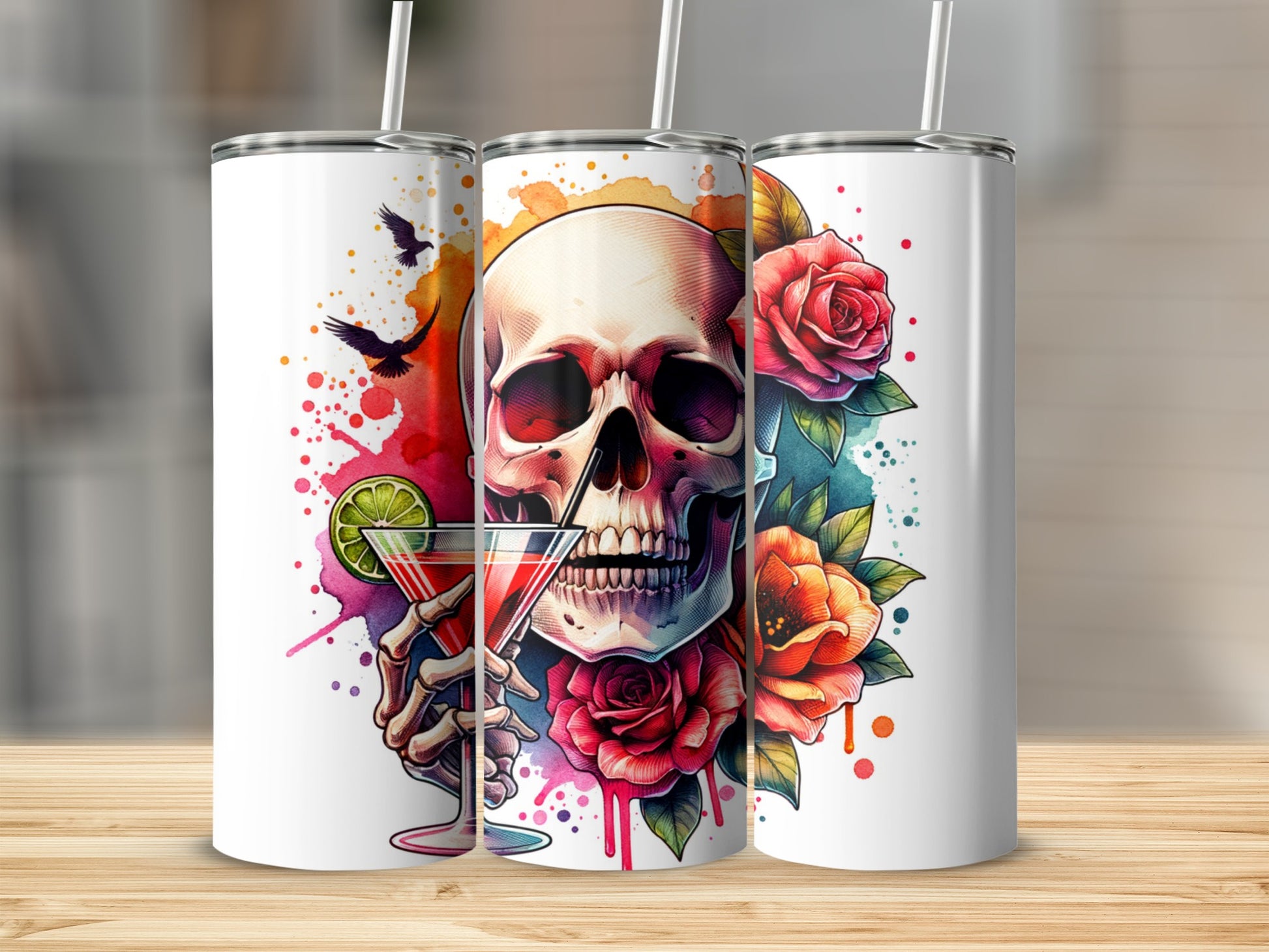 Skull holding a cocktail glass with roses and watercolor splashes.