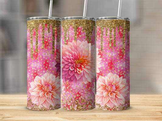 Pink and Gold Floral Glitter Print Tumbler product