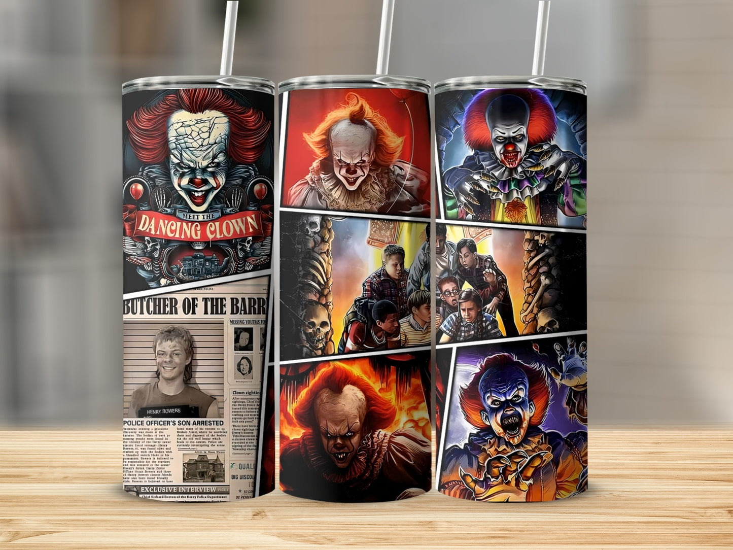 Three tumblers with horror clown and newspaper graphics.