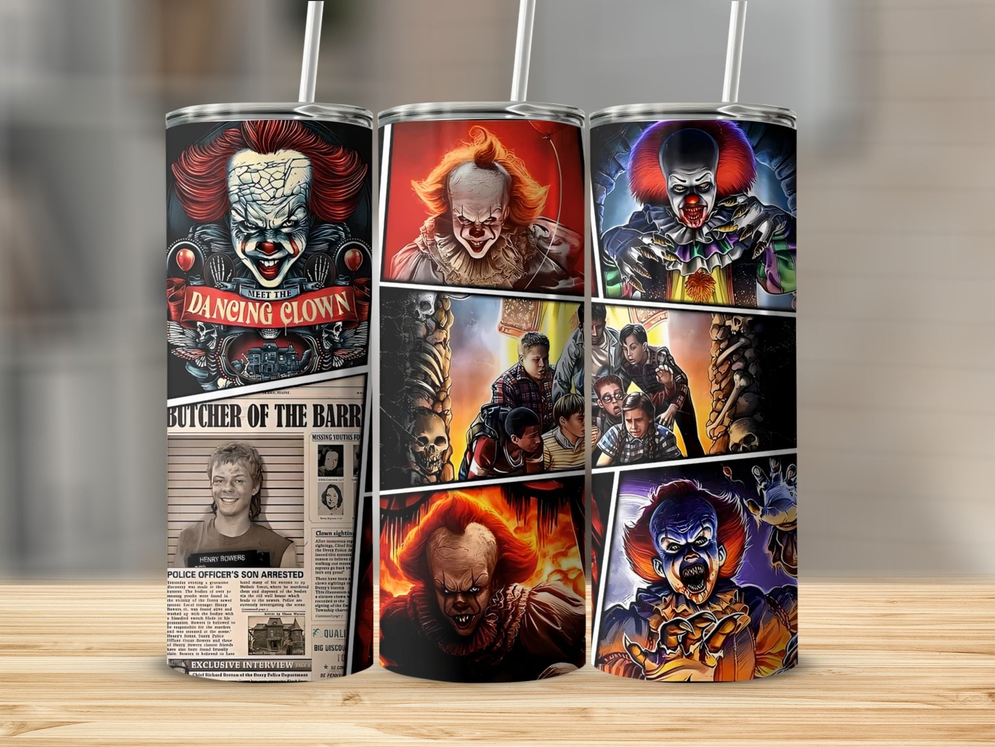Three tumblers with horror clown and newspaper graphics.