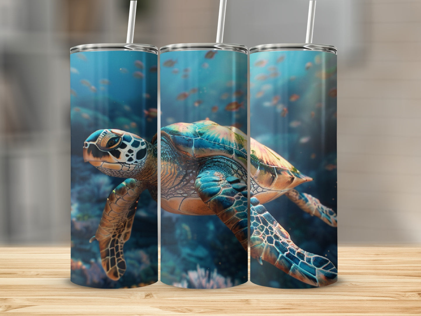 Three tumblers showing a sea turtle swimming underwater with fish.