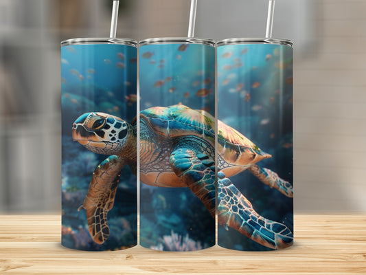 Three tumblers showing a sea turtle swimming underwater with fish.
