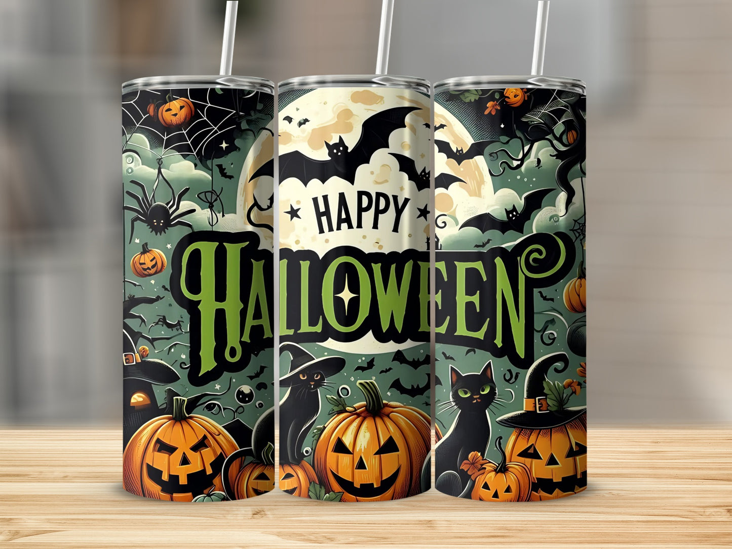 Three tumblers with Halloween designs featuring black cats, pumpkins, bats, and spiders.
