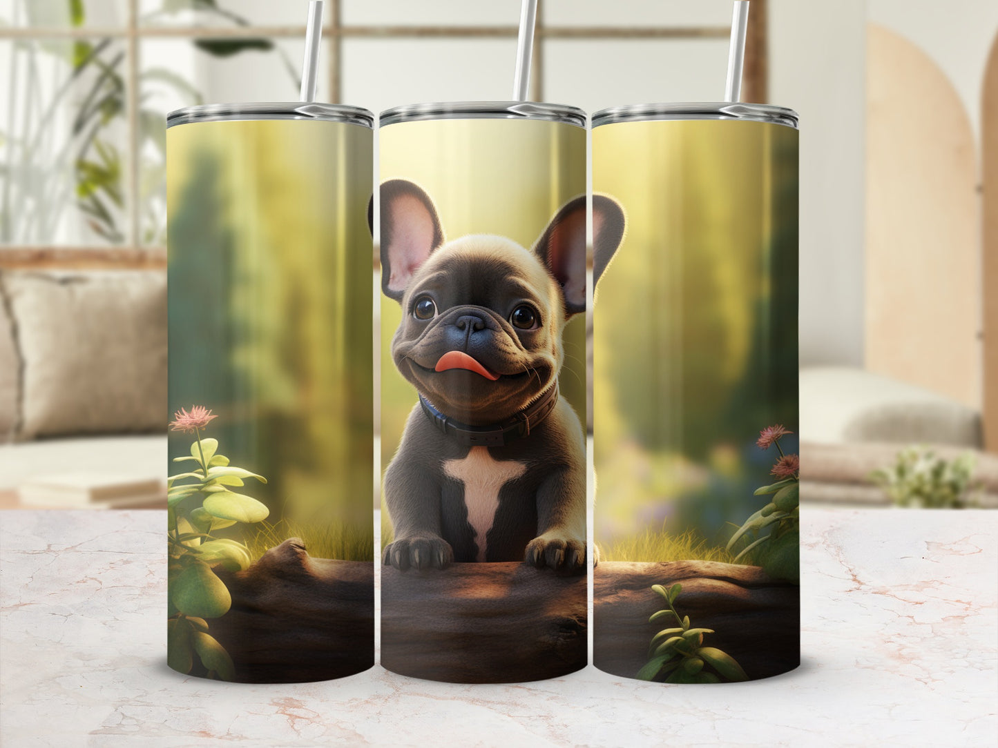 Cute French Bulldog with Flowers on Travel Tumbler