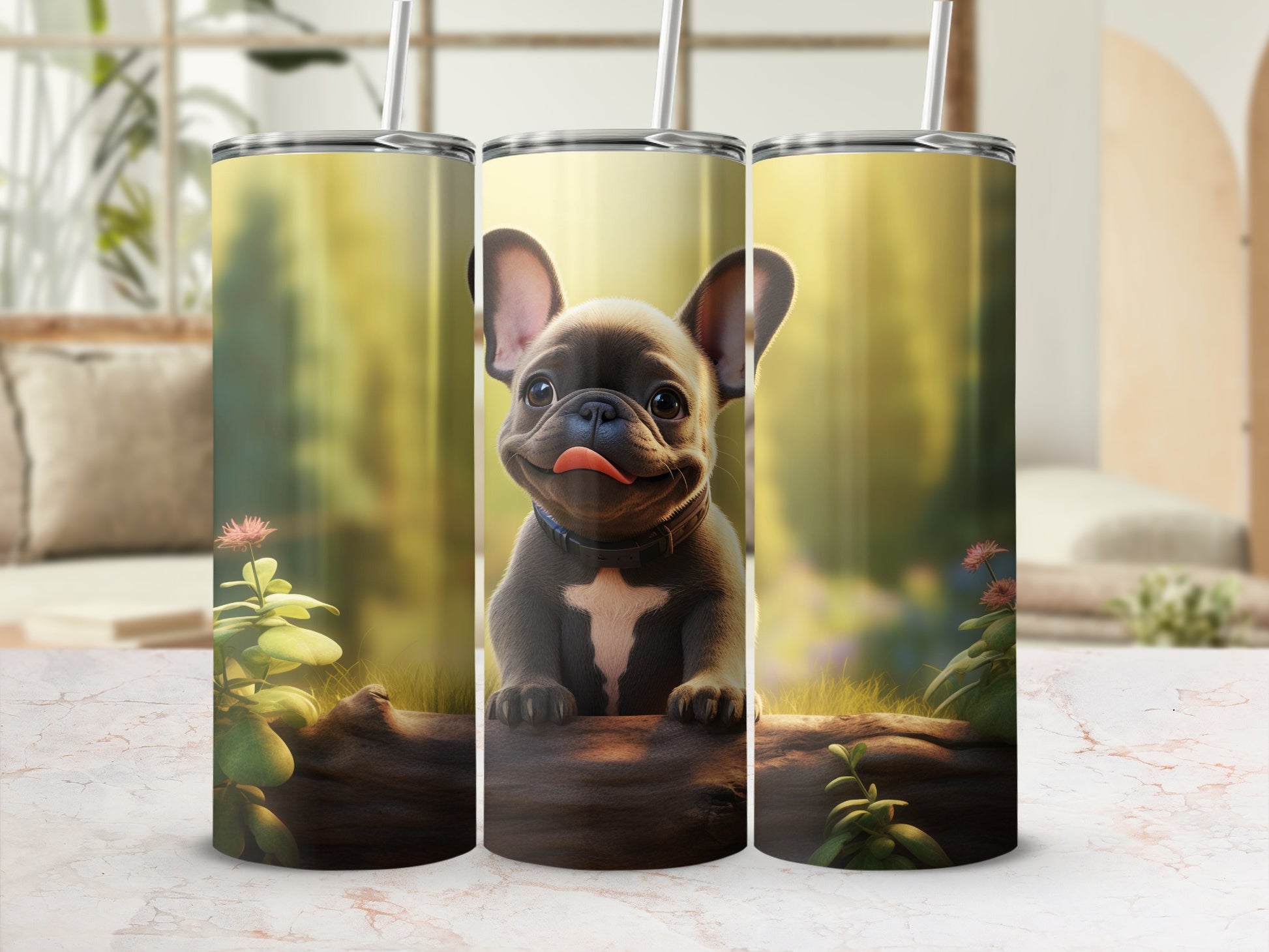 Cute French Bulldog with Flowers on Travel Tumbler
