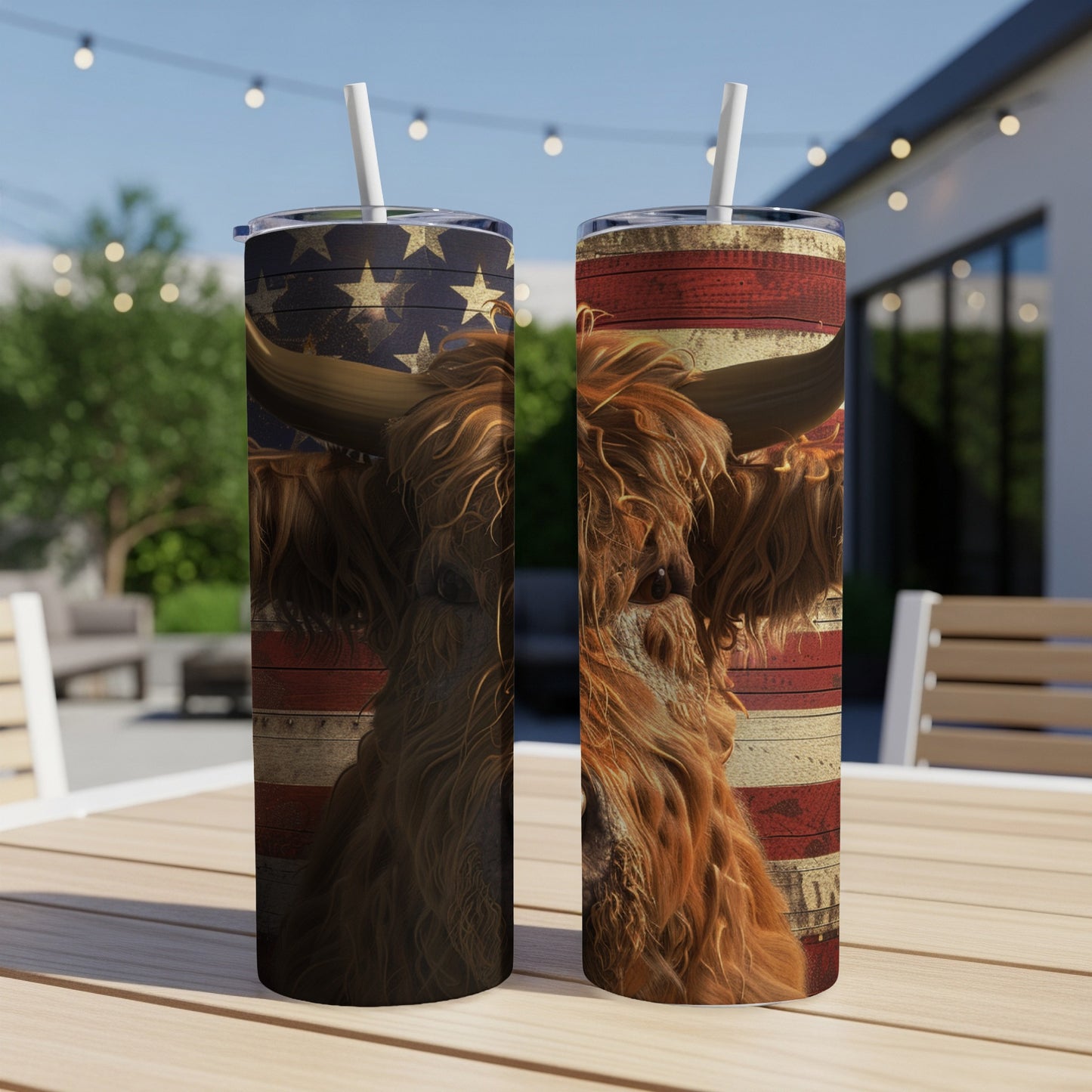 Highland cow on American flag background tumbler.
