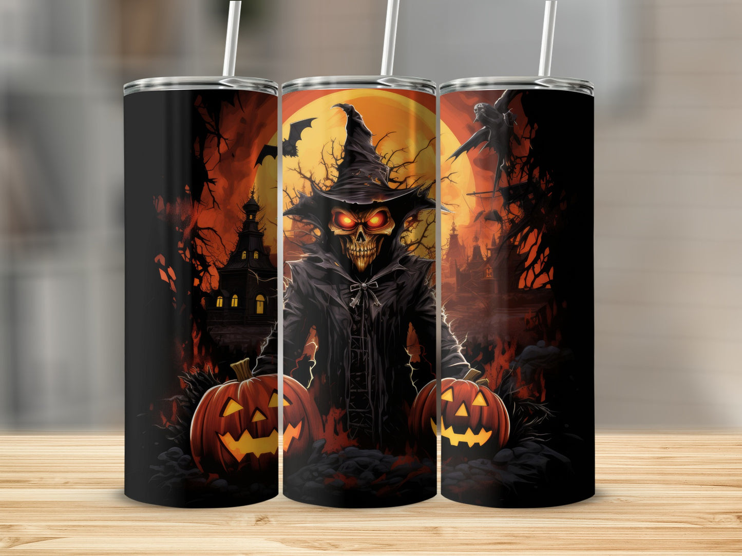 Halloween tumbler with scary scarecrow, pumpkins, haunted house, and bats.