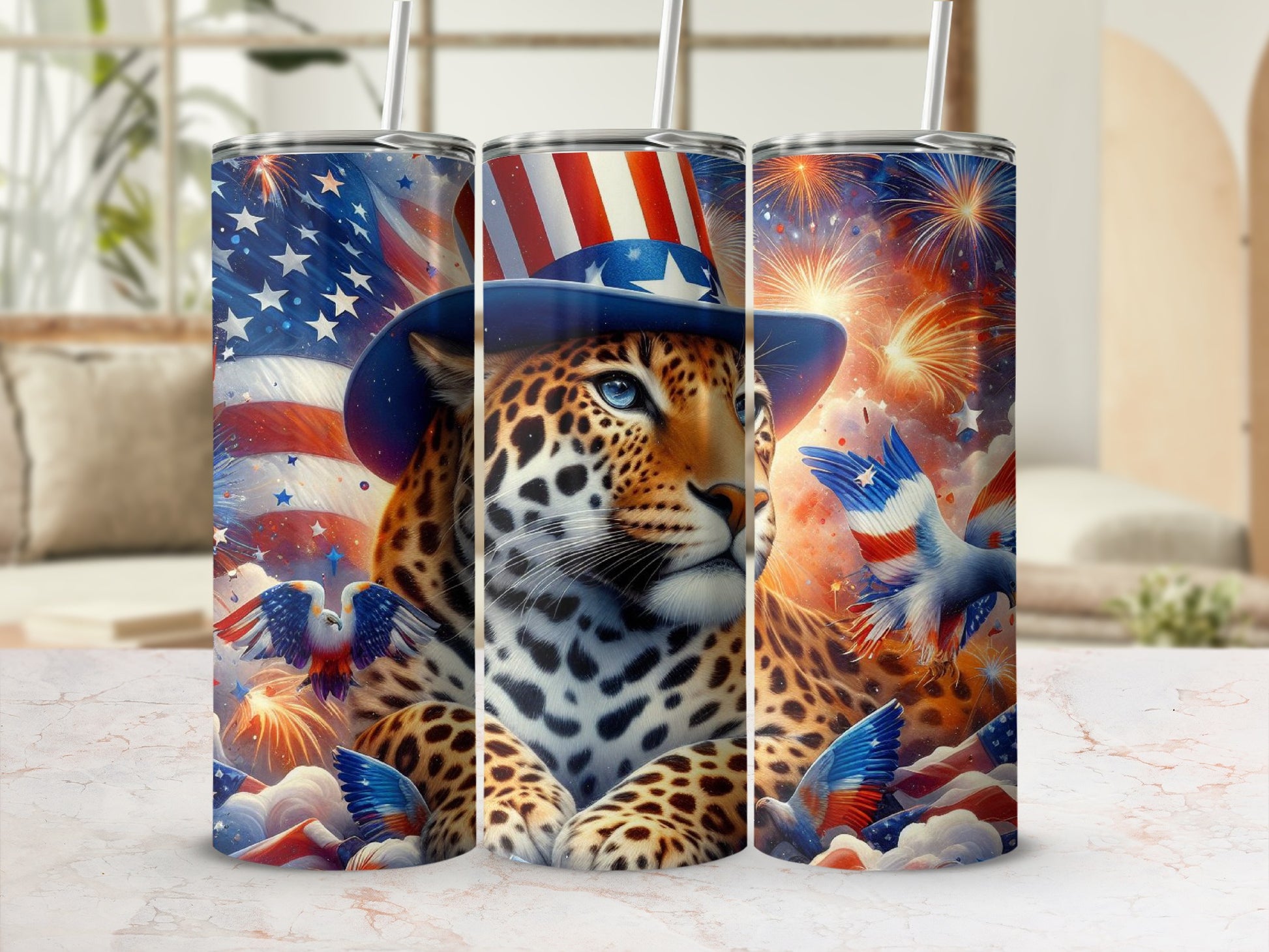 Leopard in patriotic hat with fireworks and American flag details.
