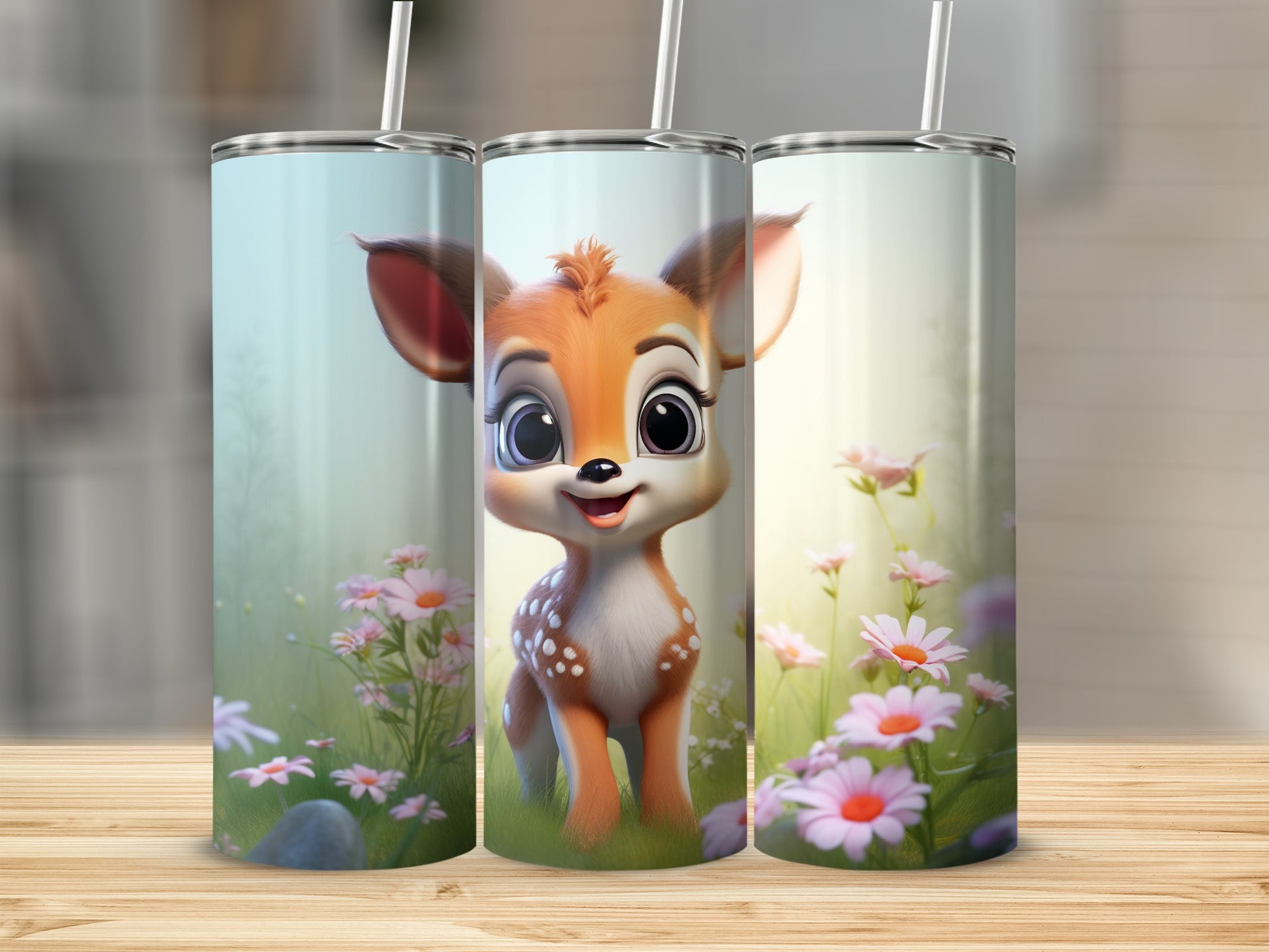 Adorable Fawn in Meadow Artwork on Tumbler Cup Design
