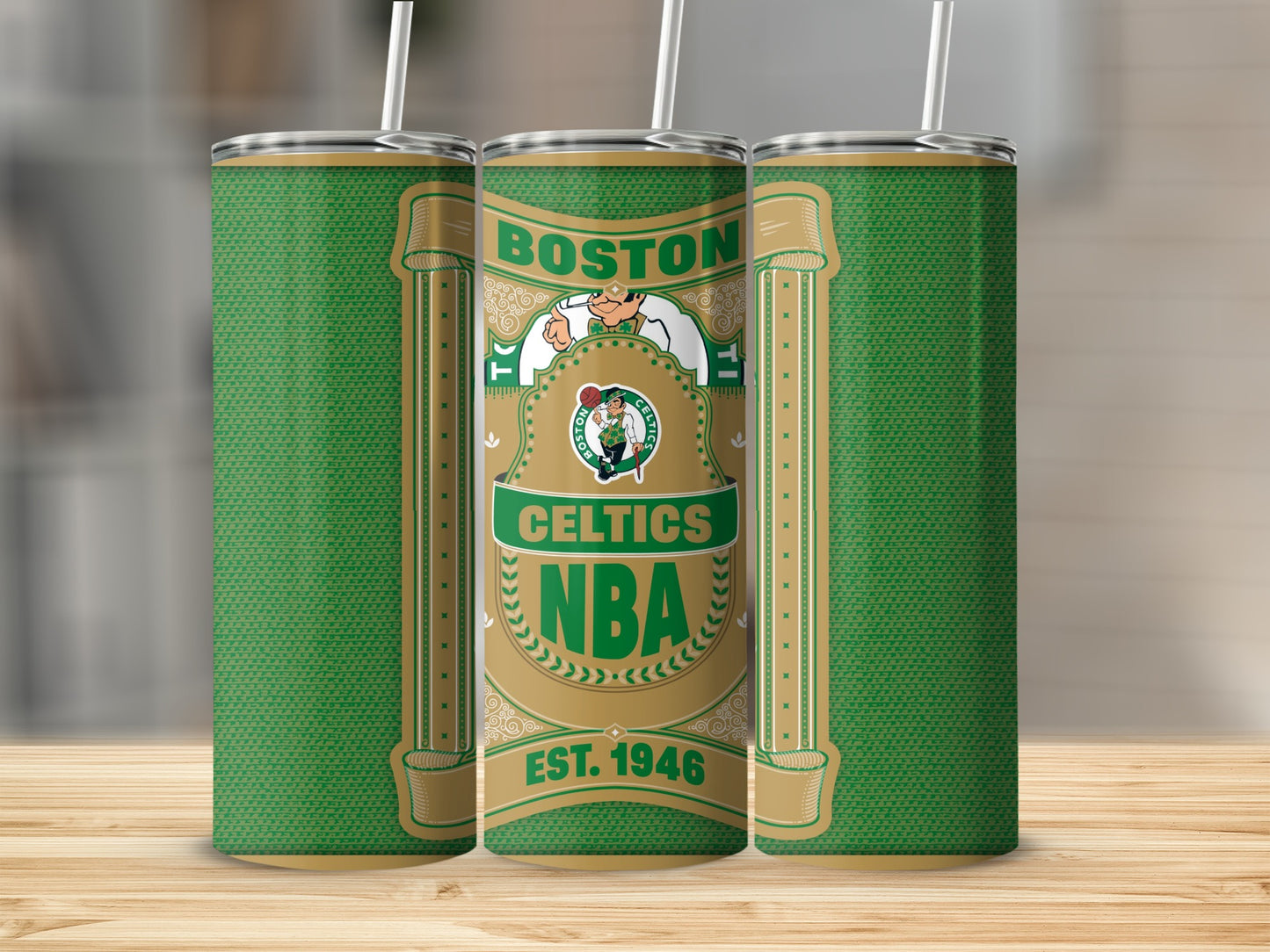Boston Celtics NBA Est 1946 Design Patterned Green Tumbler