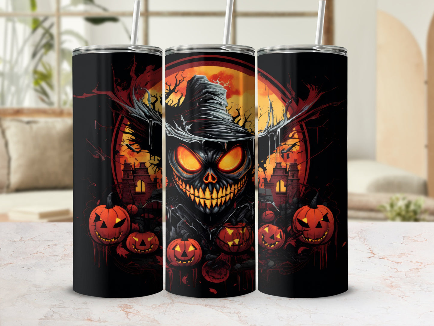 Halloween tumbler with evil pumpkin and haunted house design.
