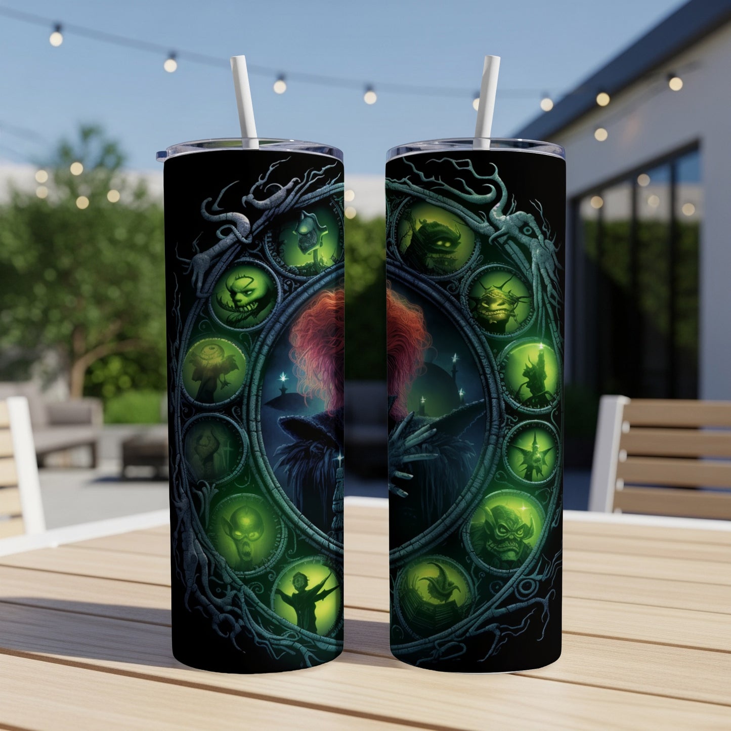Two tumblers with a circular design of spooky Halloween creatures around a woman's silhouette.