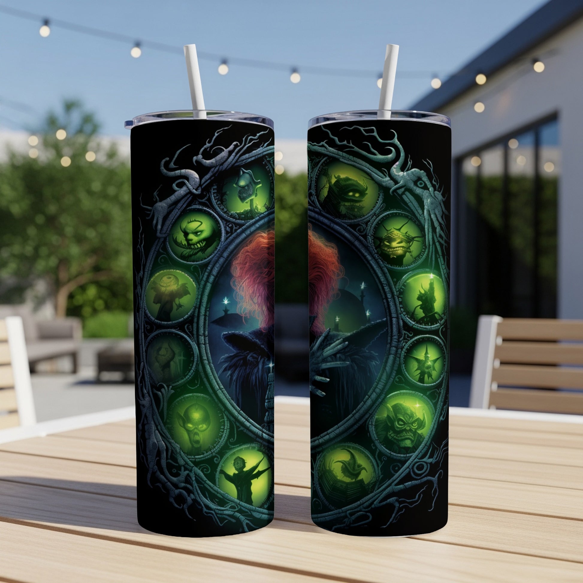 Two tumblers with a circular design of spooky Halloween creatures around a woman's silhouette.