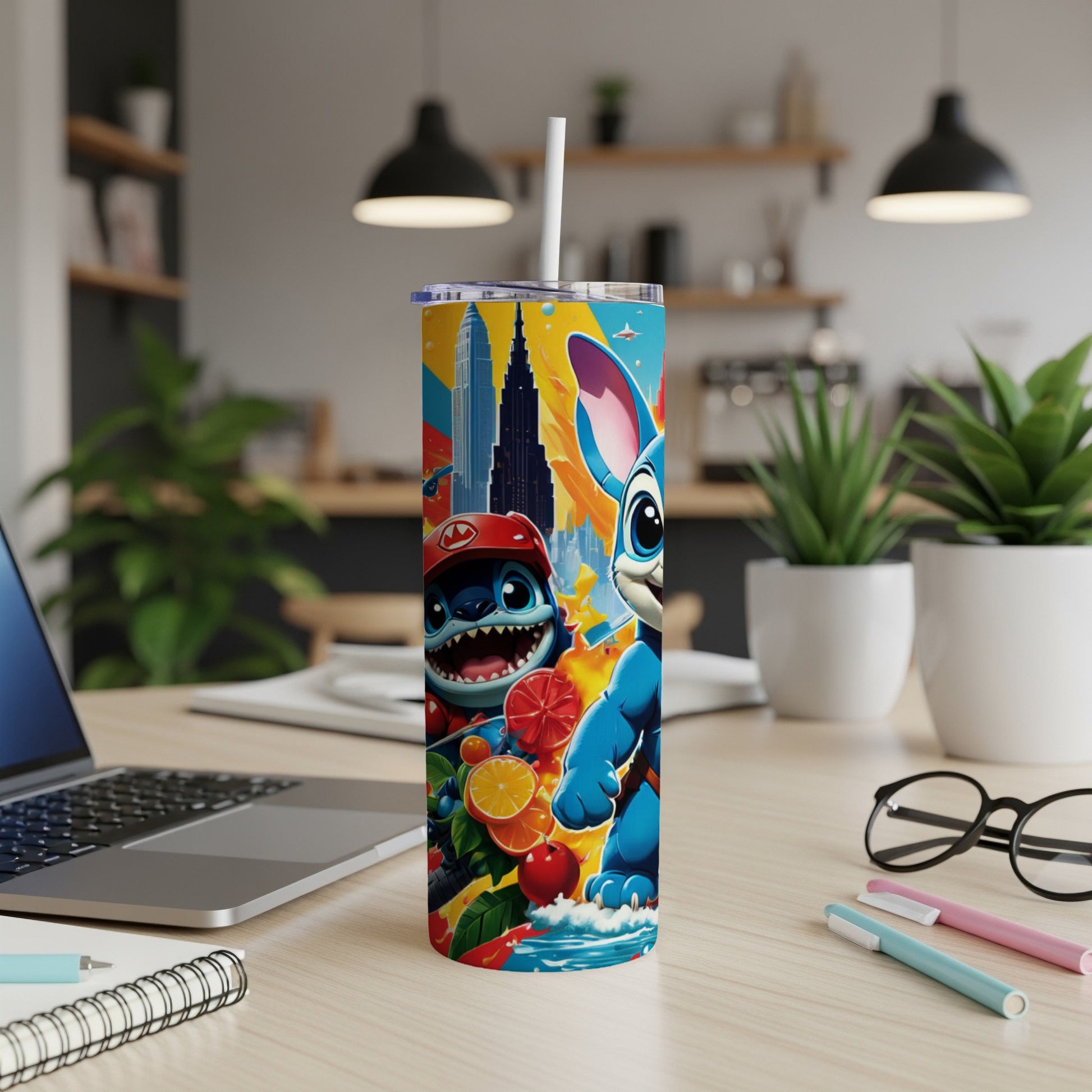 Stitch and Angel characters on a blue tumbler with fruit and city skyline.