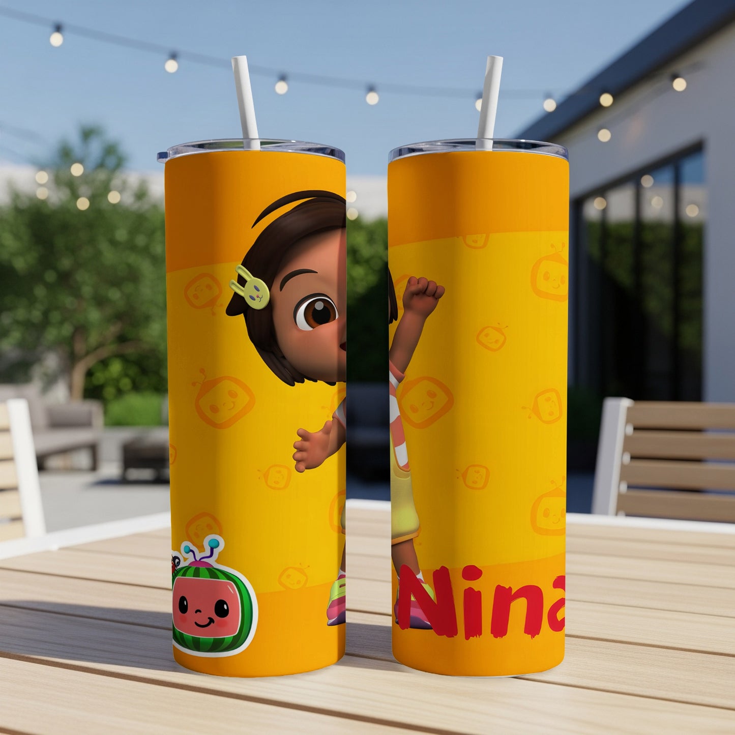 Two Cocomelon tumblers featuring Nina and watermelon graphics.