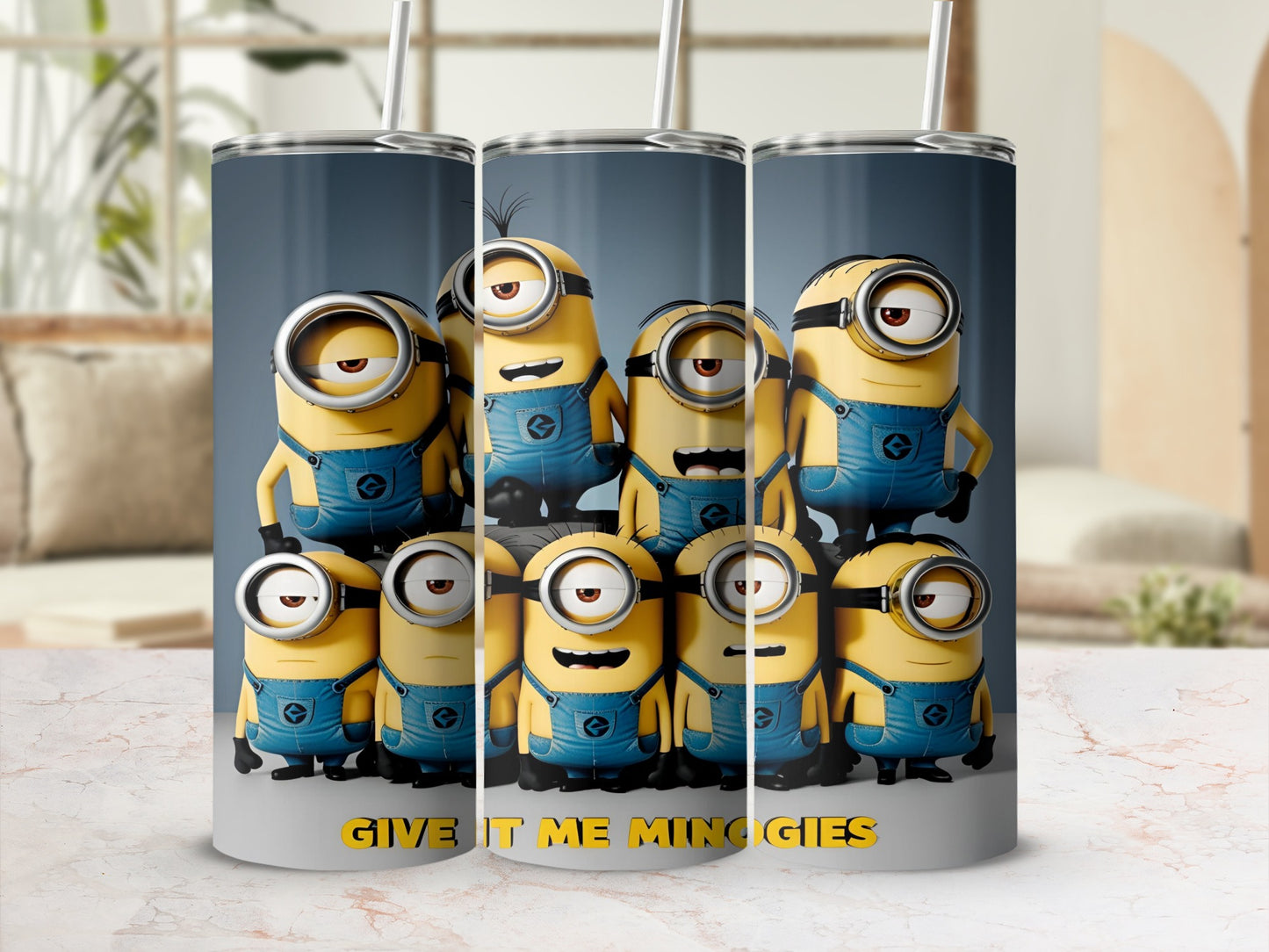 Minions characters wearing denim overalls on a silver tumbler with text.