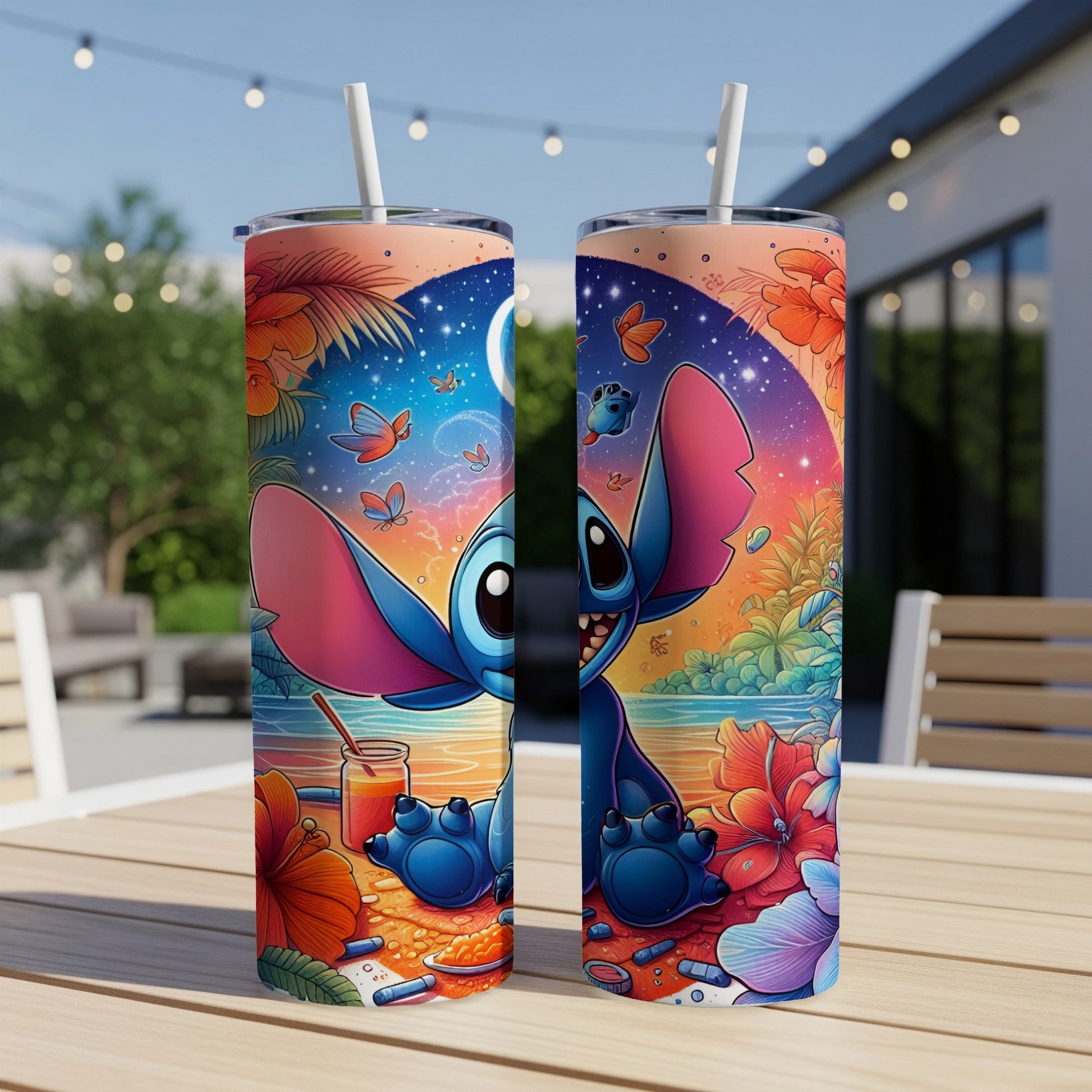 Two Stitch tumblers with colorful tropical and starry backgrounds.