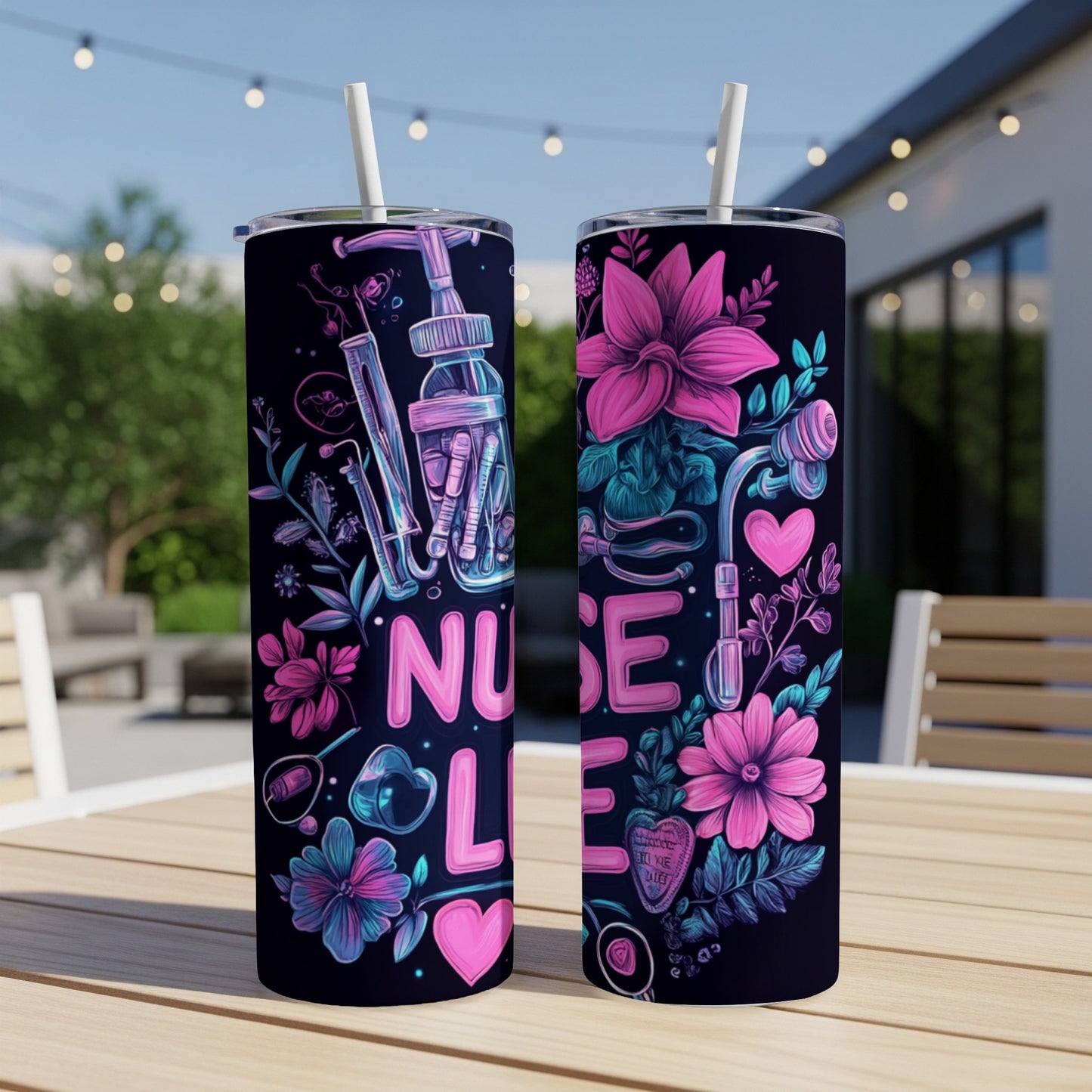 Pink and blue floral design with "Nurse Life" text on two dark tumblers.