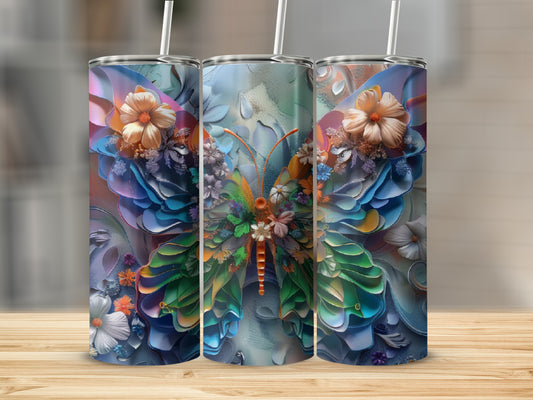 Three tumblers with colorful butterfly designs, some with floral accents.