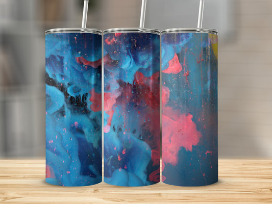 Three tumblers with abstract blue and pink ink splash design.