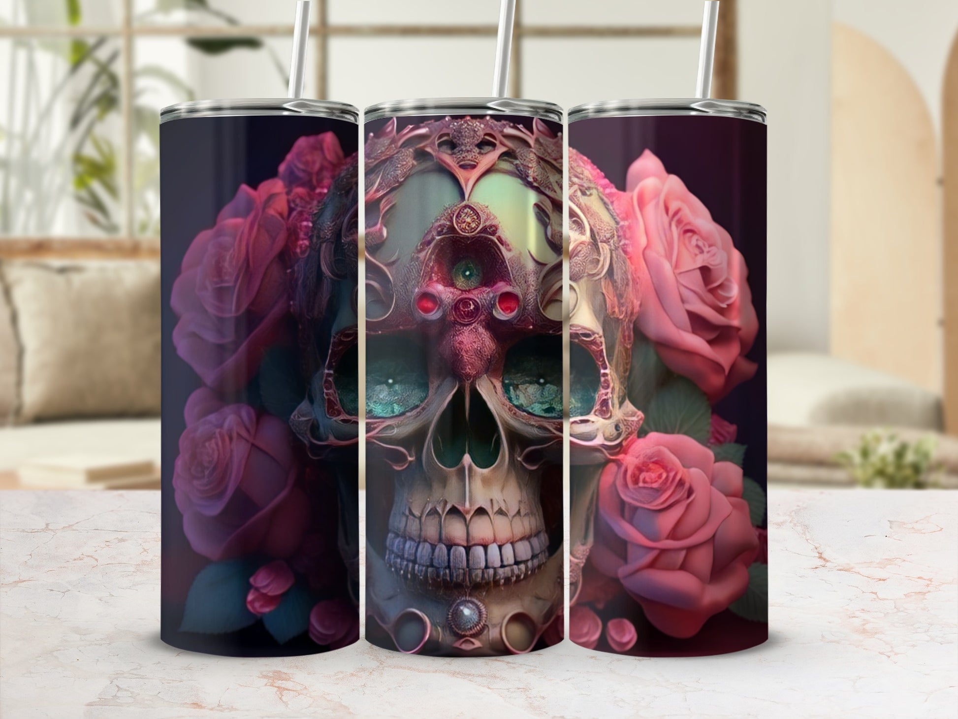 Three tumblers with a detailed skull and pink roses design.