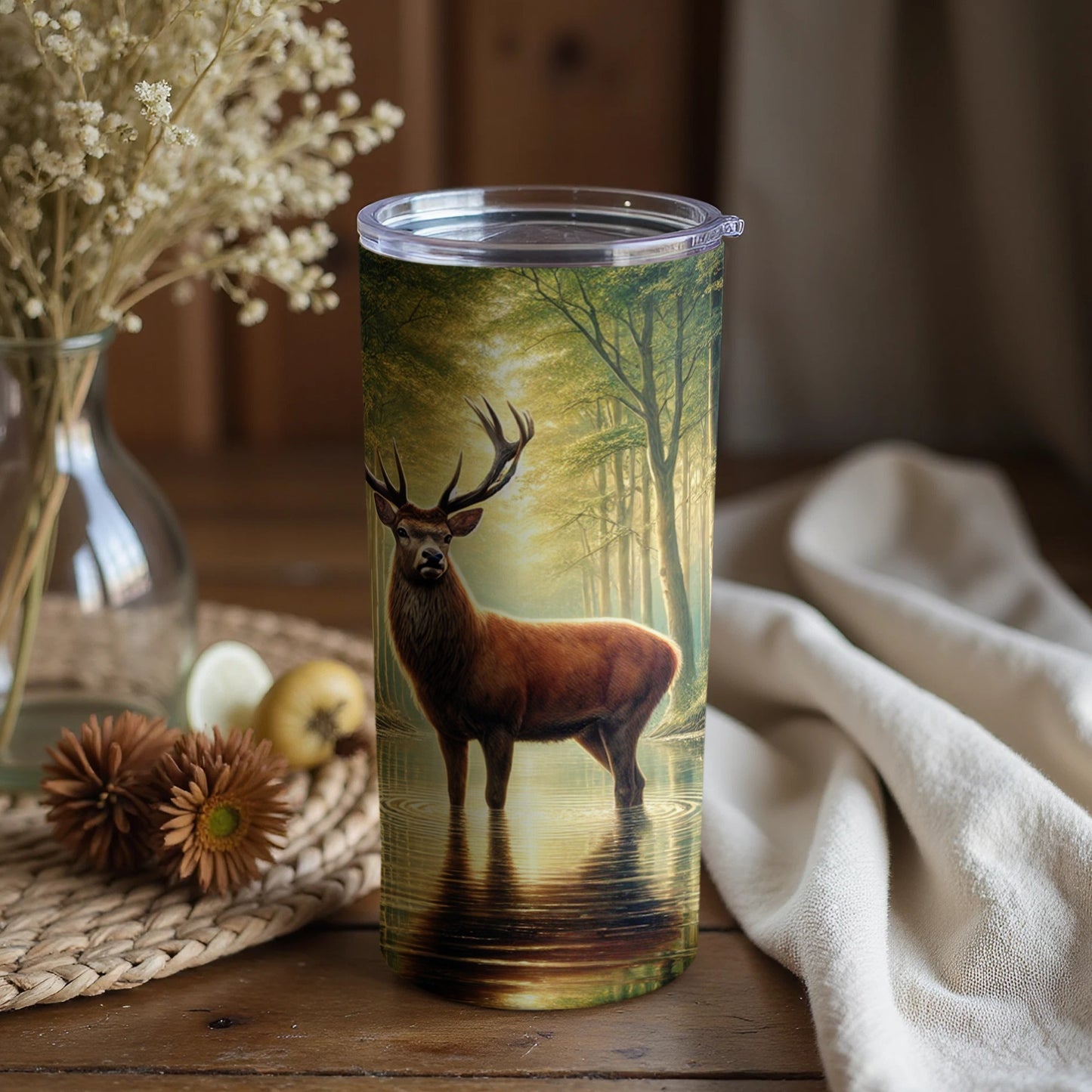 Majestic Stag in Forest Scene Travel Tumbler Cup