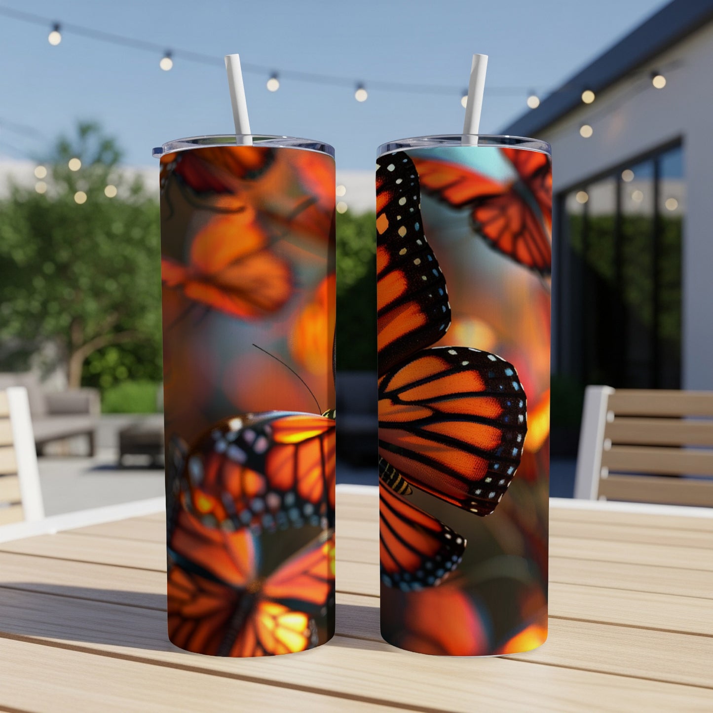 Two tumblers featuring close-up monarch butterfly wings with bokeh background.