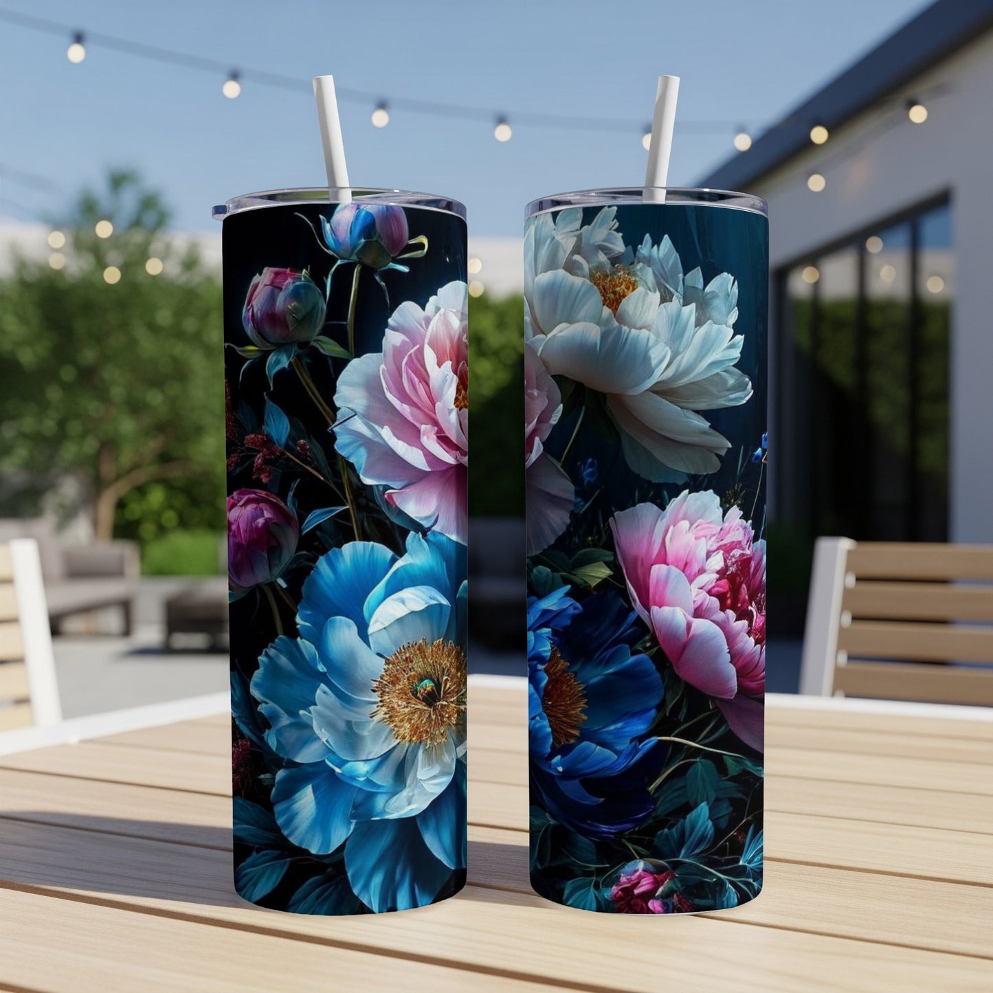Two tumblers with colorful floral designs sit on a table outdoors.