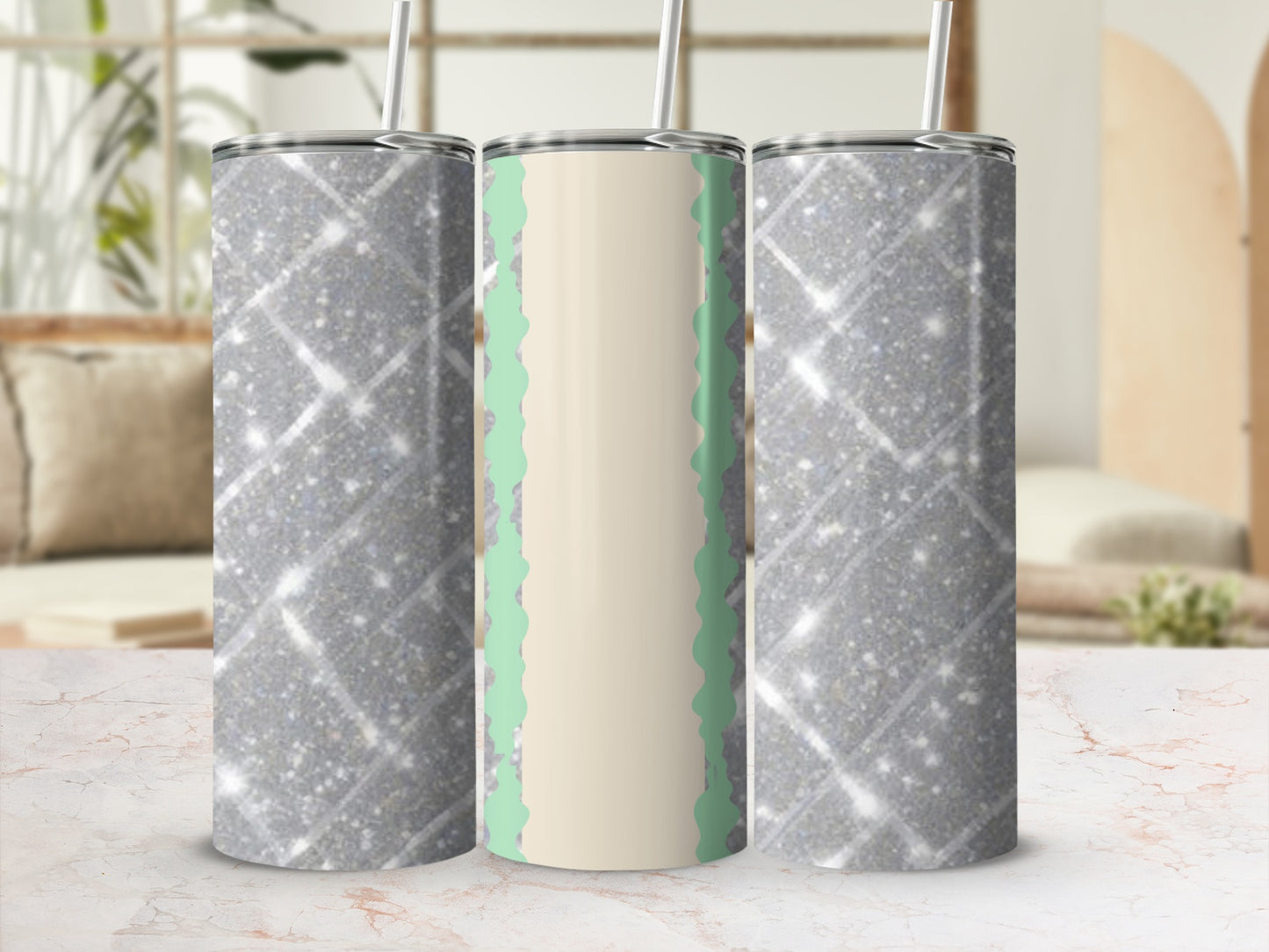 Glitter tumbler with a green stripe and textured background.