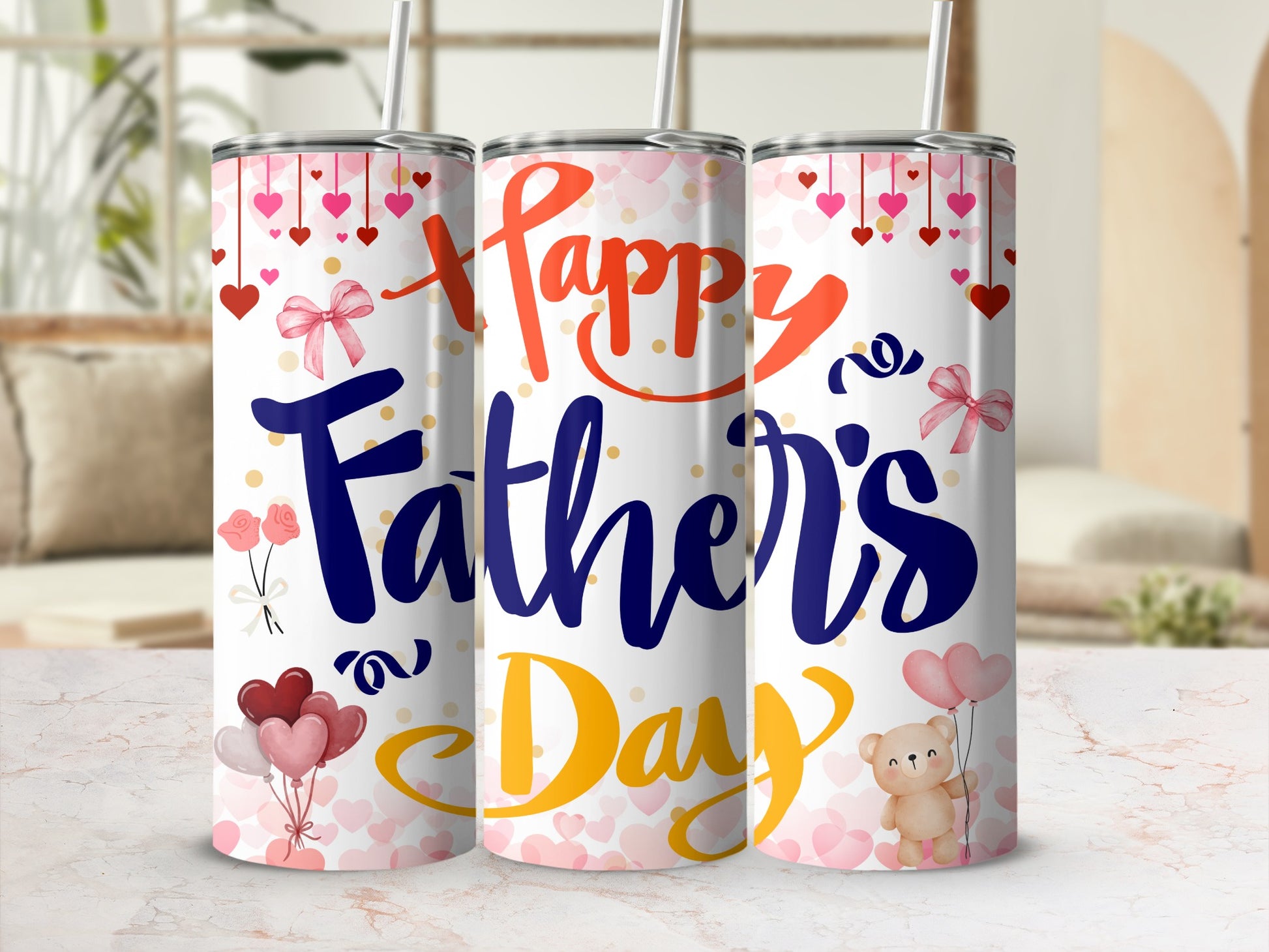 Happy Father's Day Tumbler with Hearts and Bear Design
