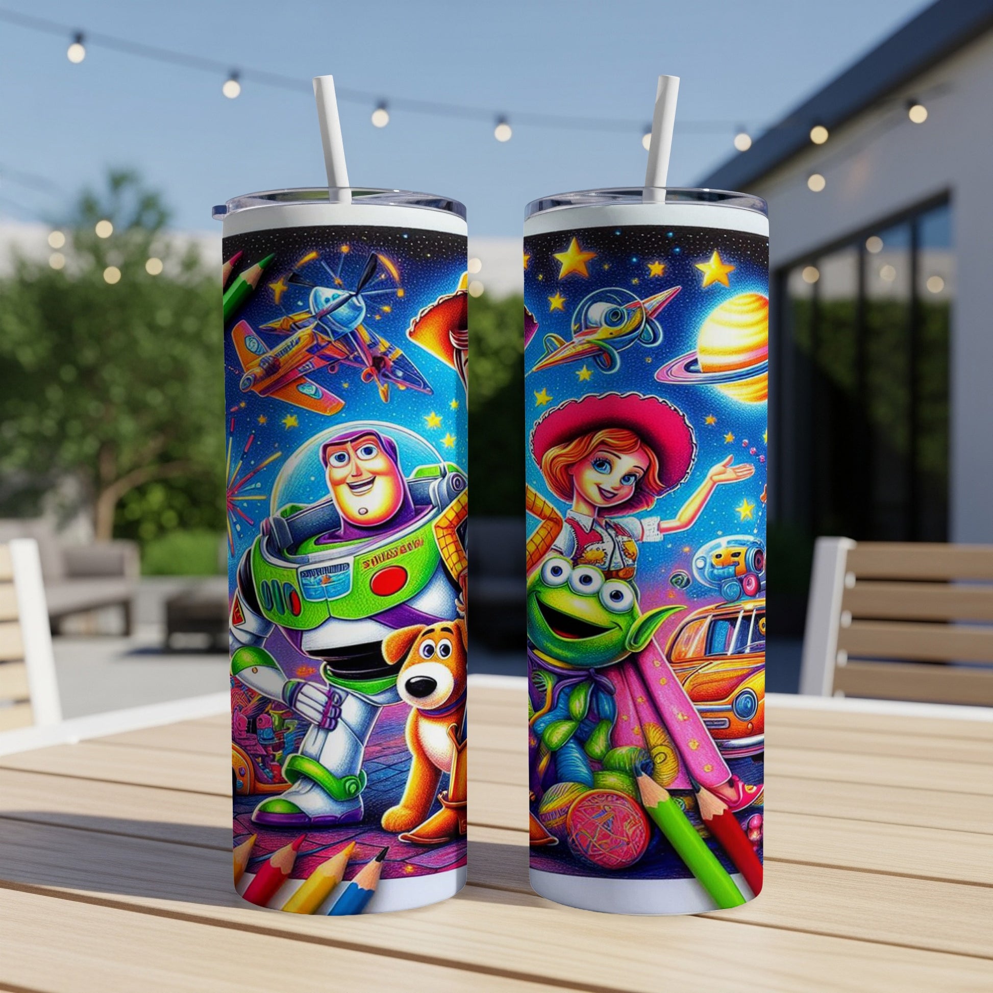 Toy Story characters Buzz Lightyear and Jessie on colorful printed tumblers.