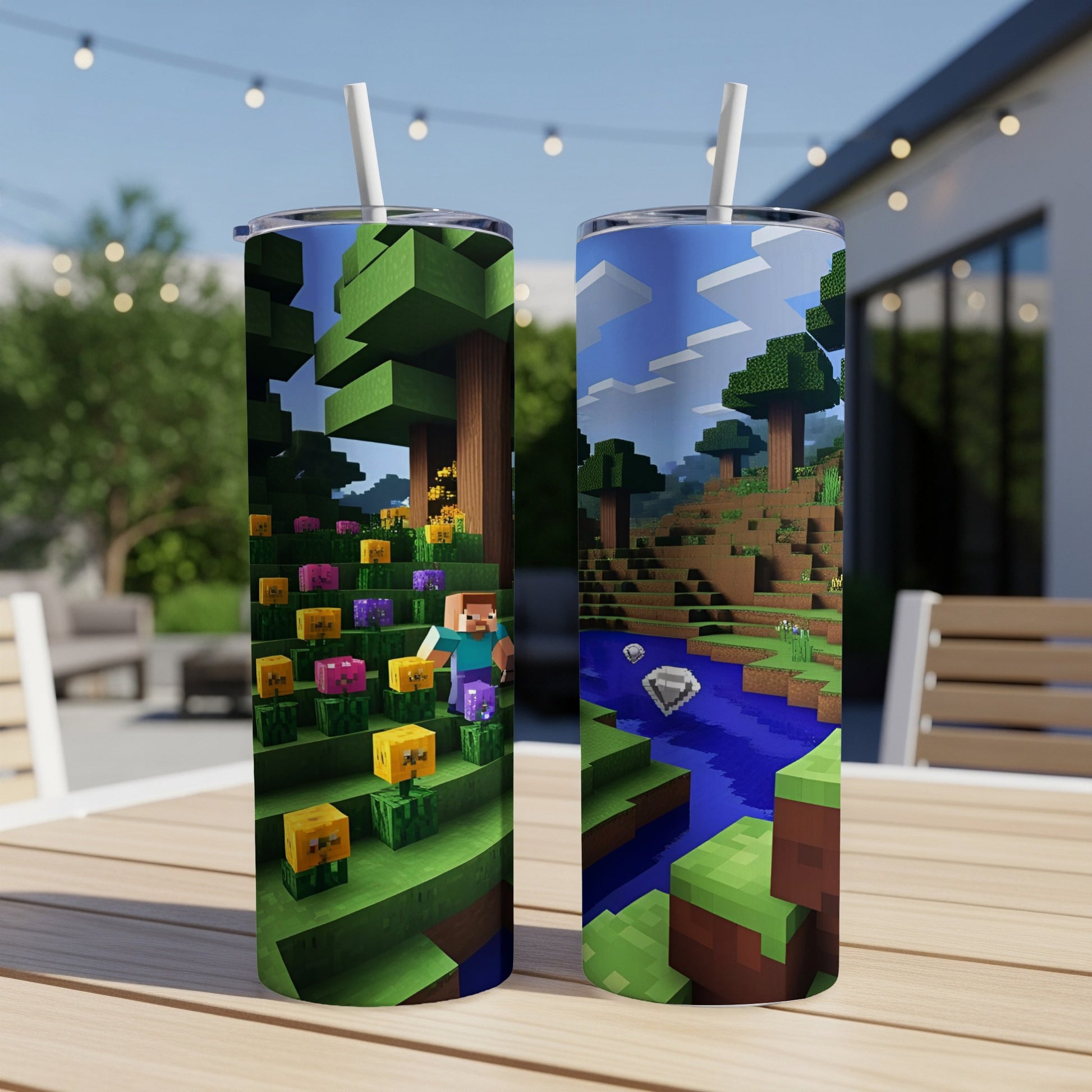 Minecraft characters on a double-sided tumbler with landscape scenes.