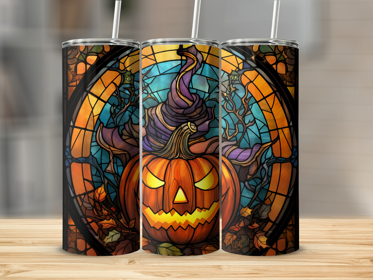 Spooky jack-o'-lantern with witch hat and stained-glass Halloween design.