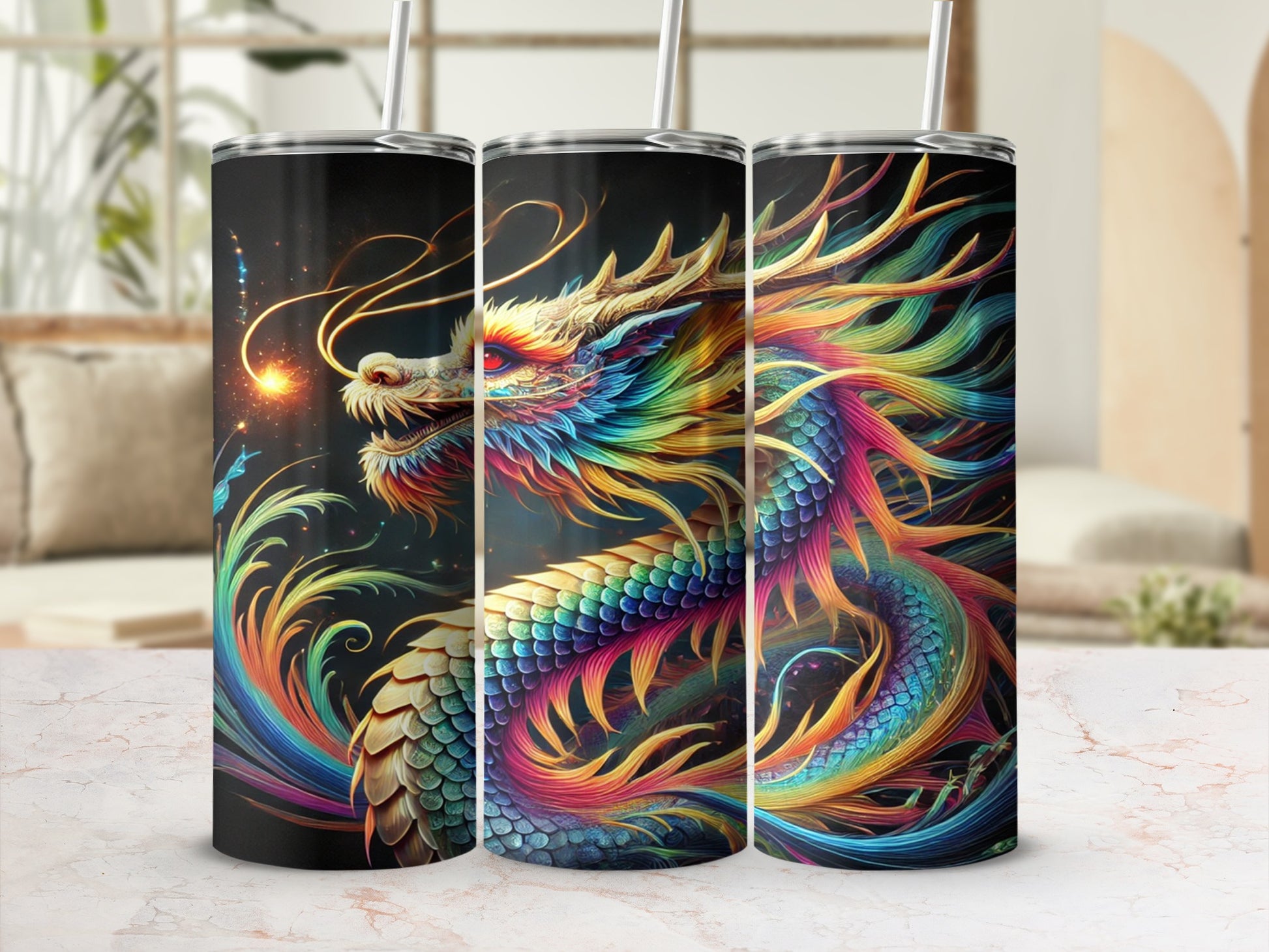 Colorful Dragon Design Tumbler for Beverage Enjoyment
