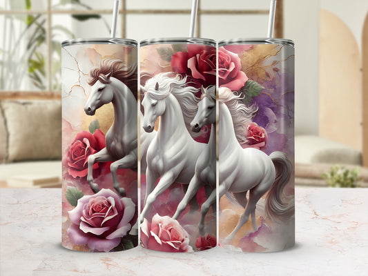 Three white horses with floral accents on tumblers.