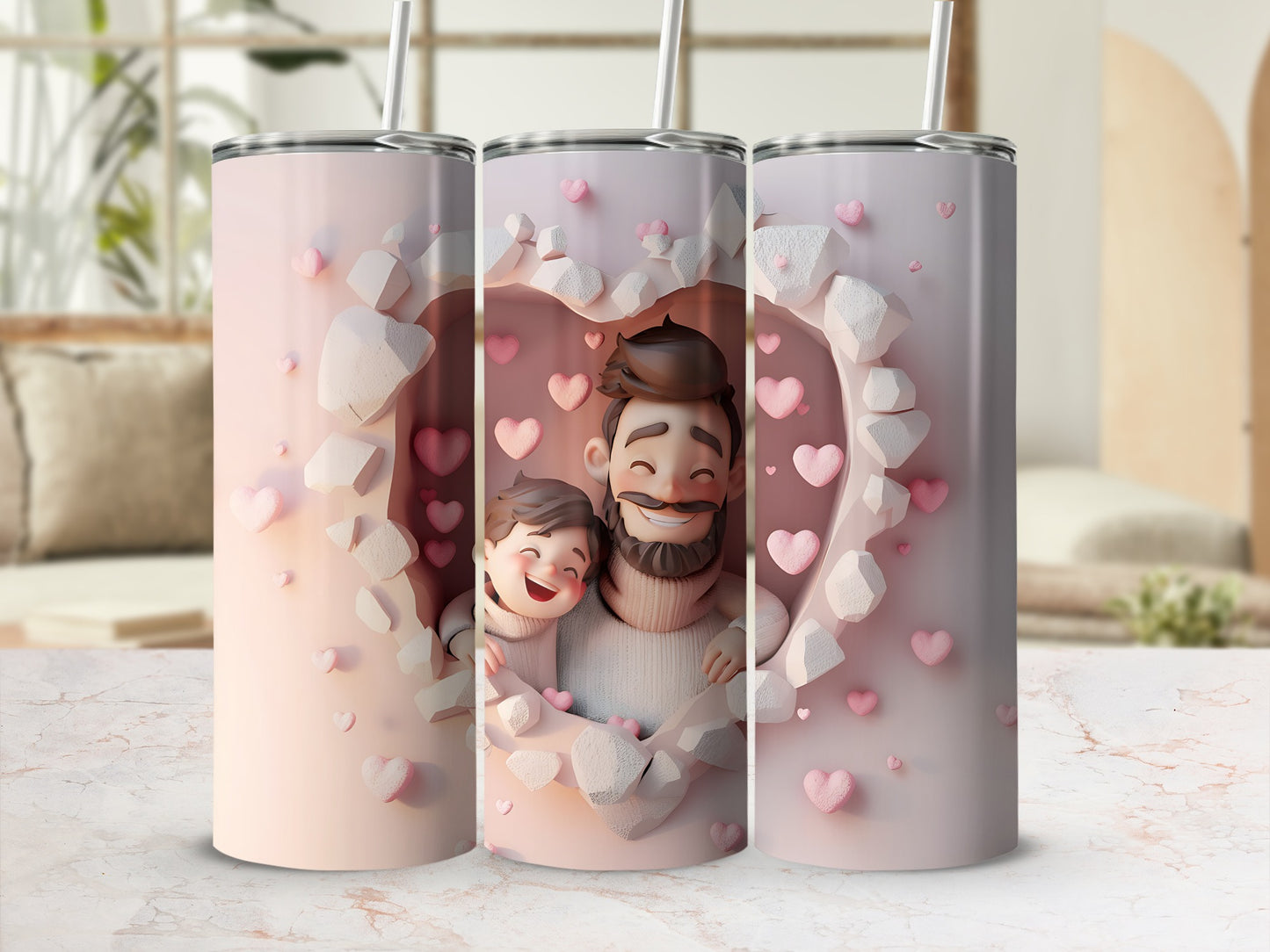 Tumbler with cartoon father and child inside heart-shaped opening.