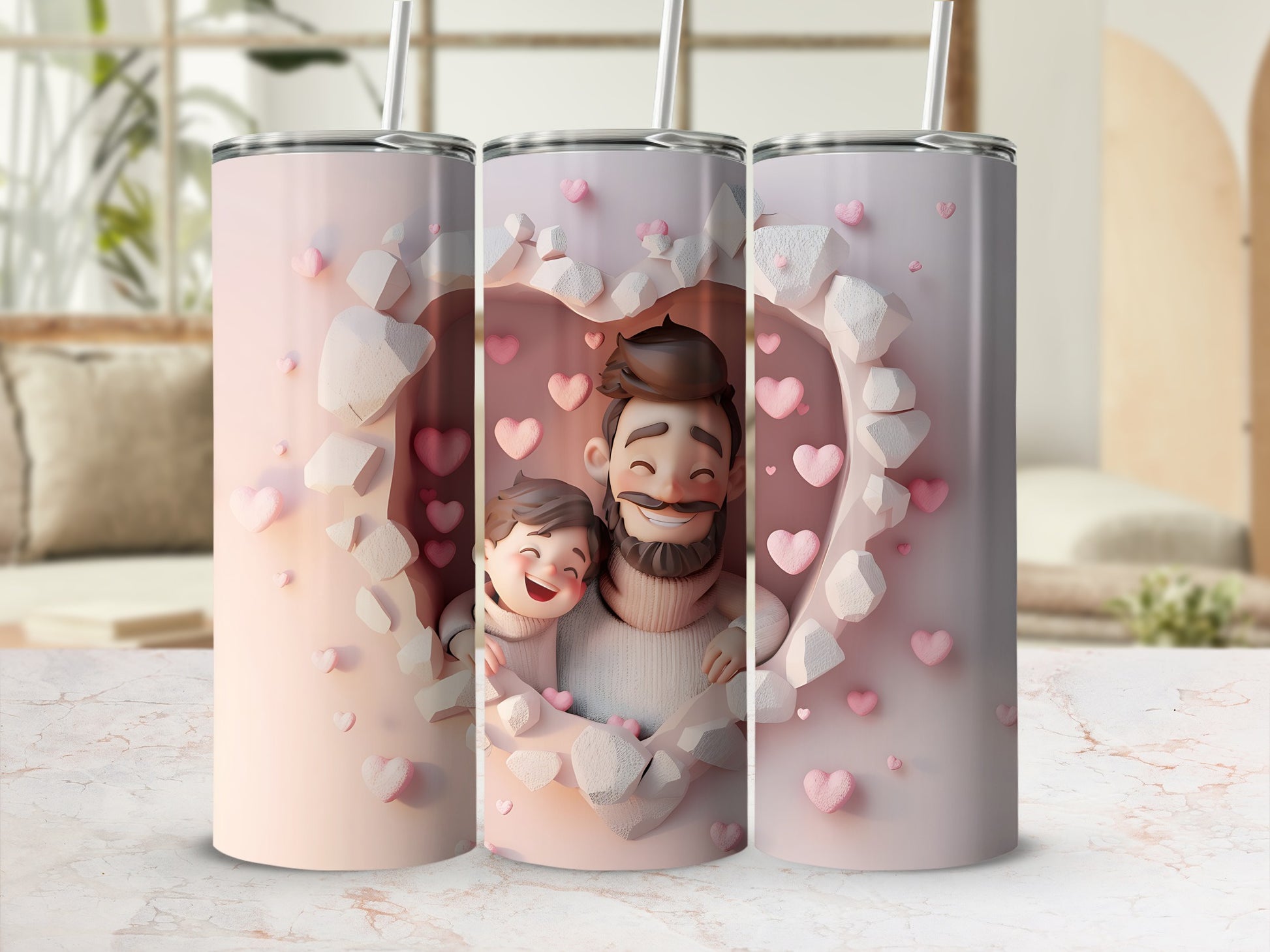 Tumbler with cartoon father and child inside heart-shaped opening.